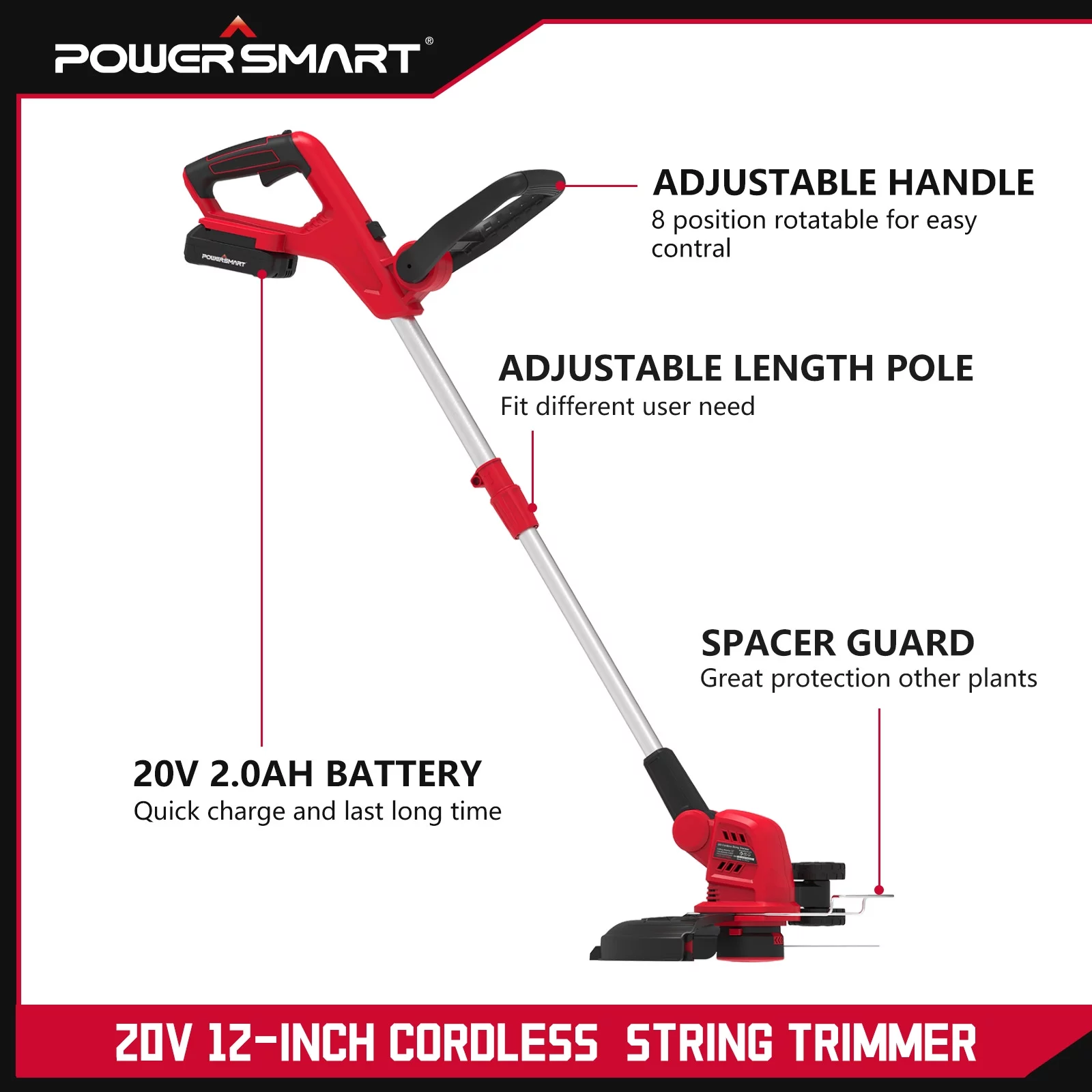 PowerSmart 20V 12-inch 7lb Cordless Edge String Trimmer for Lawn, 2 Ah Battery and Charger Included - Womvr