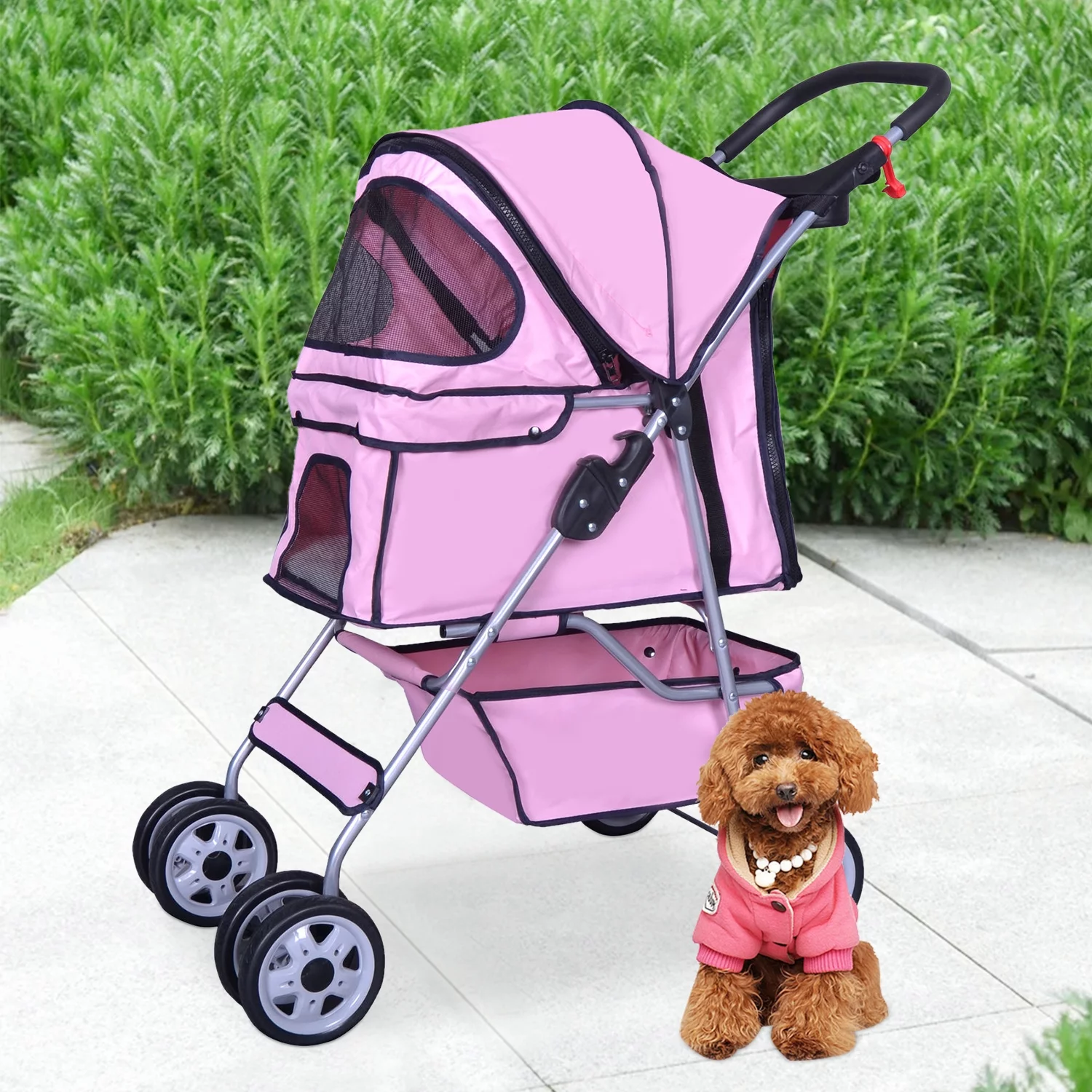 4 Wheels Pet Stroller Foldable Dog Stroller Cat Stroller with Storage Basket & Removable Liner, Travel Lite Foldable Carrier Strolling Cart for Dogs Cats, Black - Womvr