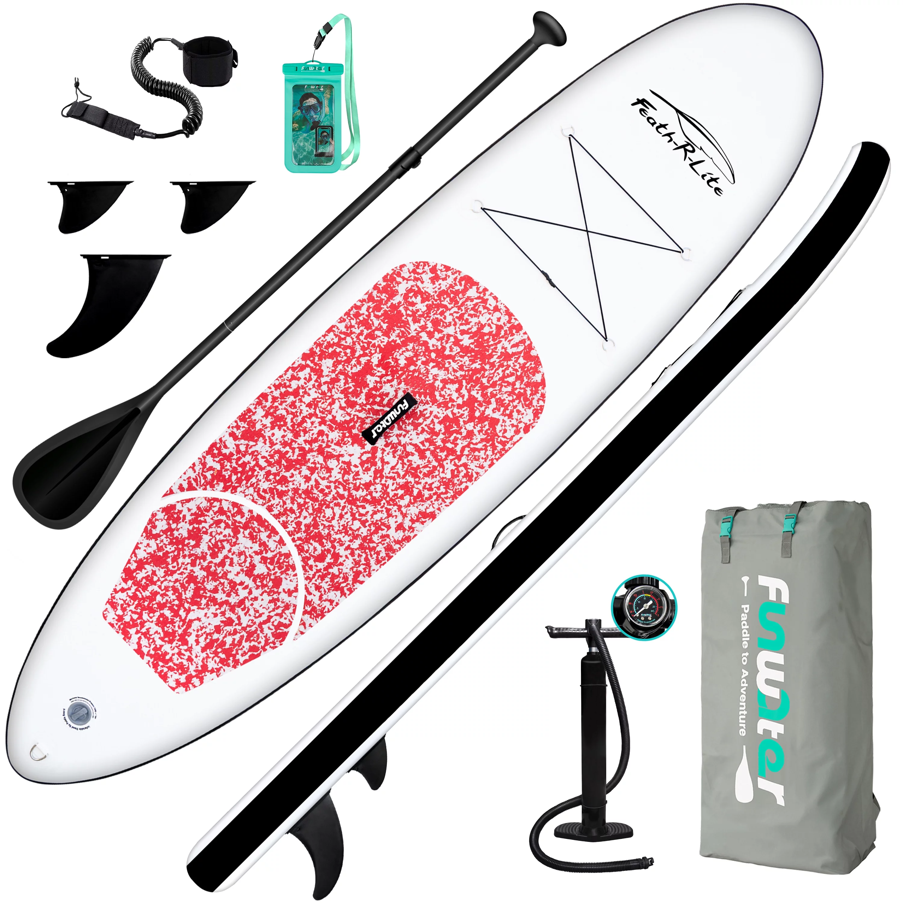 Feath-R-lite Inflatable Stand Up Paddle Board, SUP Red Camo Pattern Paddle Board 10'x30''x6'' (LxWxH),Adjustable Aluminum Paddle and Grey Back Hand Pump,Fins, Unisex - Womvr