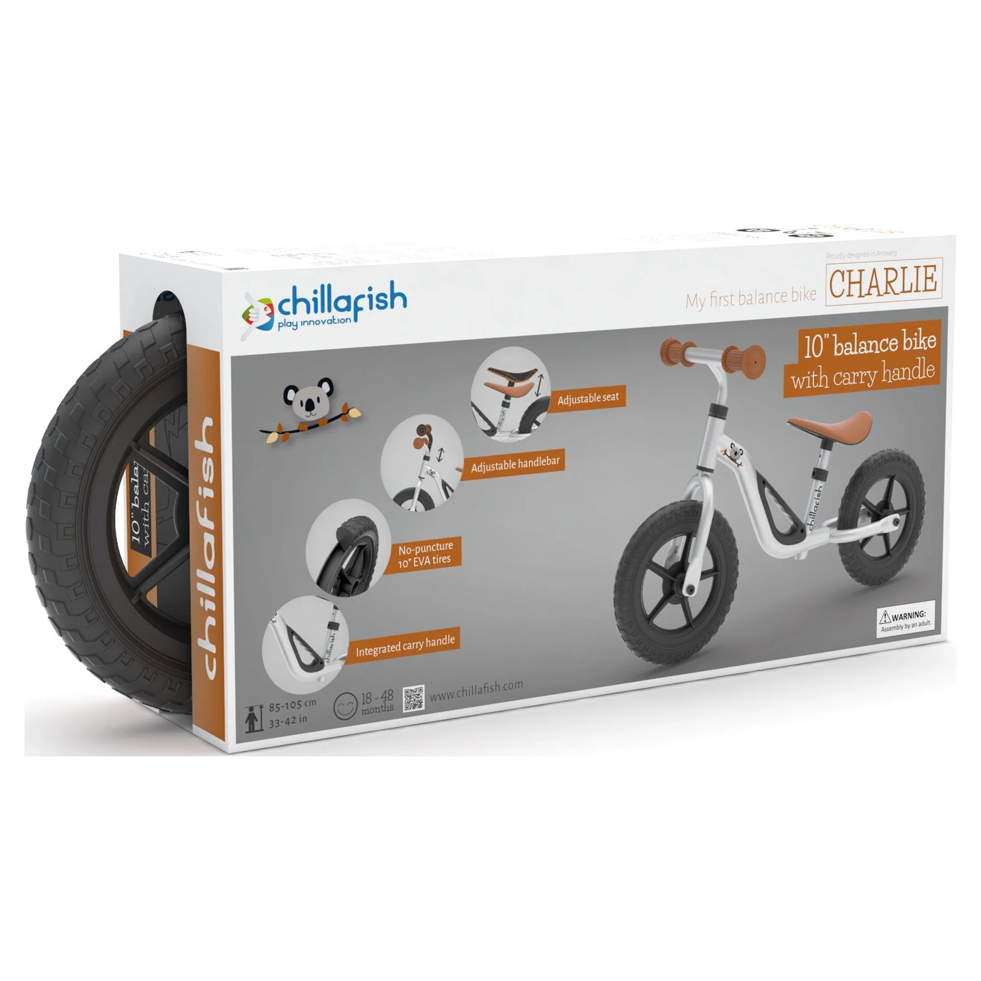 Chillafish Charlie lightweight toddler balance bike with carry handle, adjustable seat and handlebar, puncture-proof 10-inch wheels, for kids 18-48 months, Red - Womvr