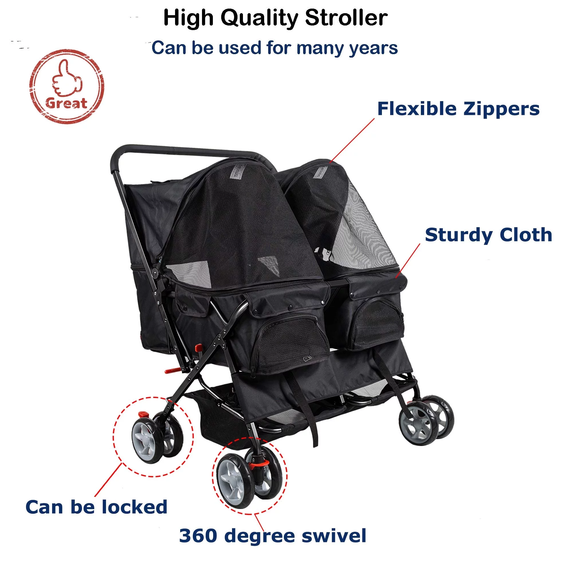Karmas Product Double Pet Stroller Foldable Doggy Stroller Two-Seater Carrier Strolling Cart for Dog Cat, Blue - Womvr