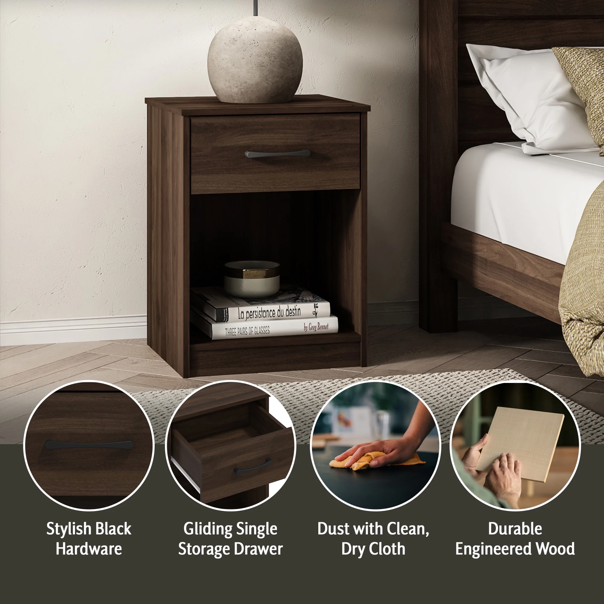 Mainstays Ardent Nightstand with 1 Drawer, White - Womvr