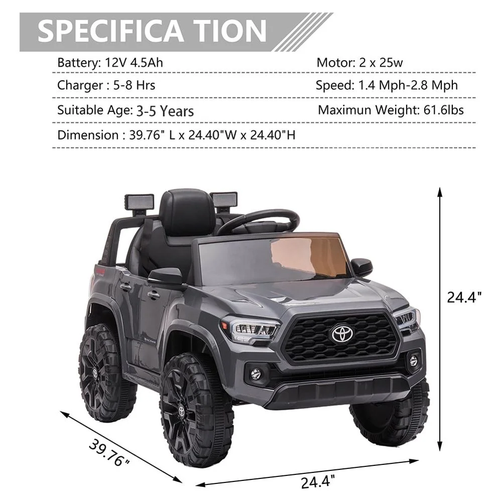 Licensed Toyota Tacoma Electric Ride on Vehicle for Kids, 12V Powered Ride on Car Toys with Remote Control, LED Lights, MP3 Player, Gray - Womvr
