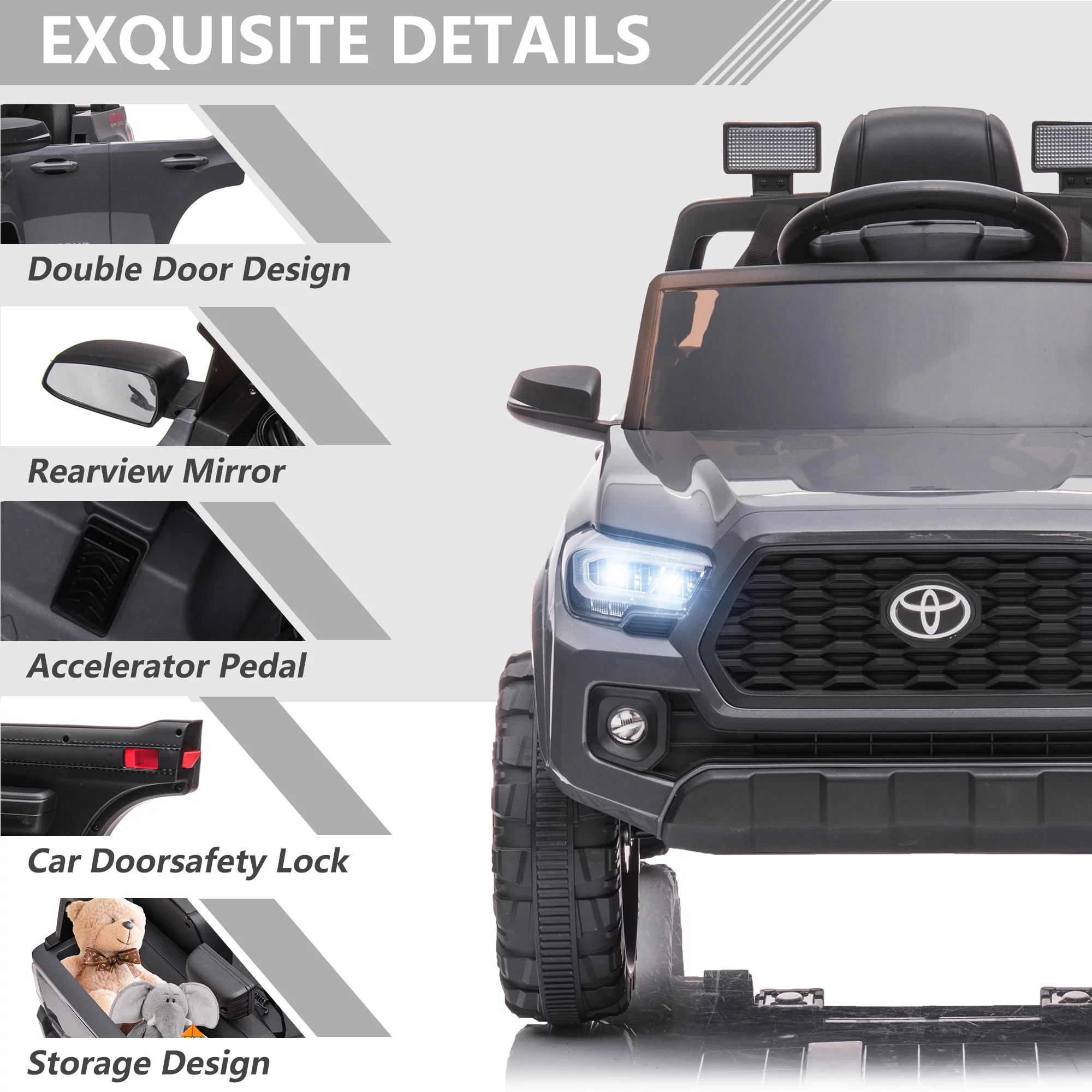 Licensed Toyota Tacoma Electric Ride on Vehicle for Kids, 12V Powered Ride on Car Toys with Remote Control, LED Lights, MP3 Player, Gray - Womvr