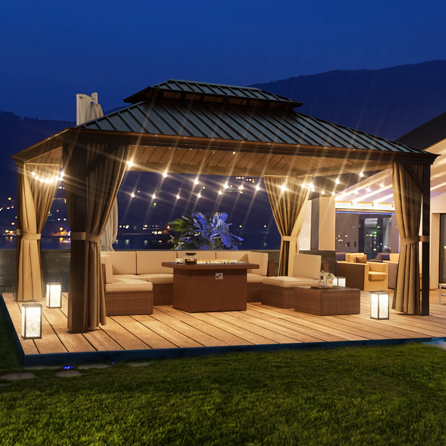 Aoxun 10'x12' Hardtop Gazebo, Outdoor Steel Double Roof Canopy, Aluminum Frame Permanent Pavilion with Curtains and Netting, Sunshade for Garden, Patio, Lawns, Black - Womvr