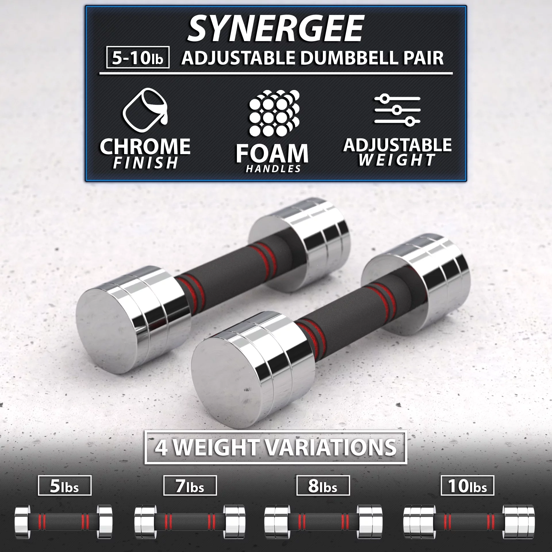 Synergee Ultra Compact Adjustable Dumbbell Set. Steel Weight Set with Foam Handles and Chrome Finish. Weights Range from 10-20 lbs. - Womvr
