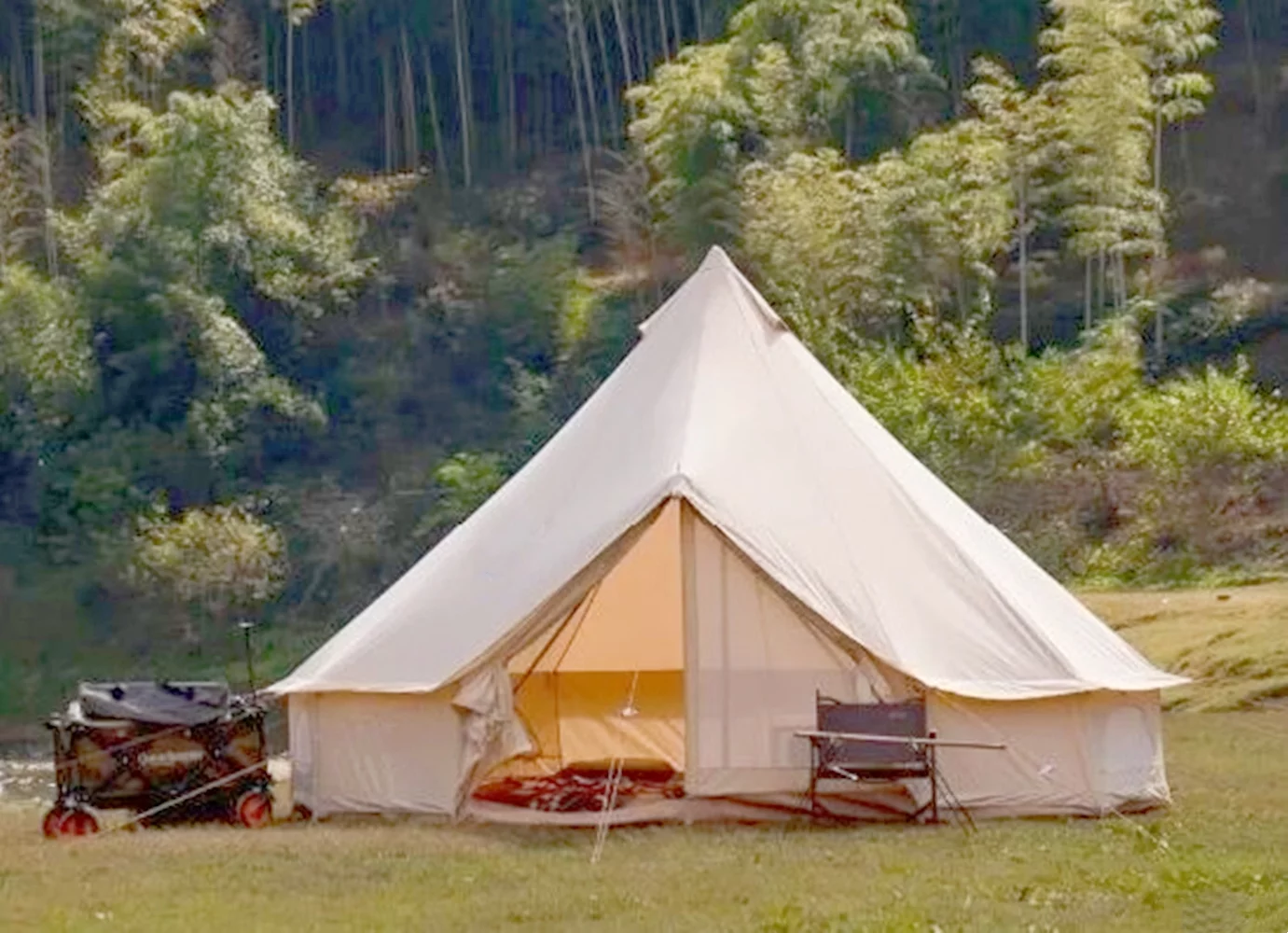 Teepee Tent Outdoor Waterproof 4-Season Family Camping Cotton Canvas Yurt Tent 4M/13.1ft Bell Tent With Stove Hole (Side Wall), For Family Glamping - Womvr