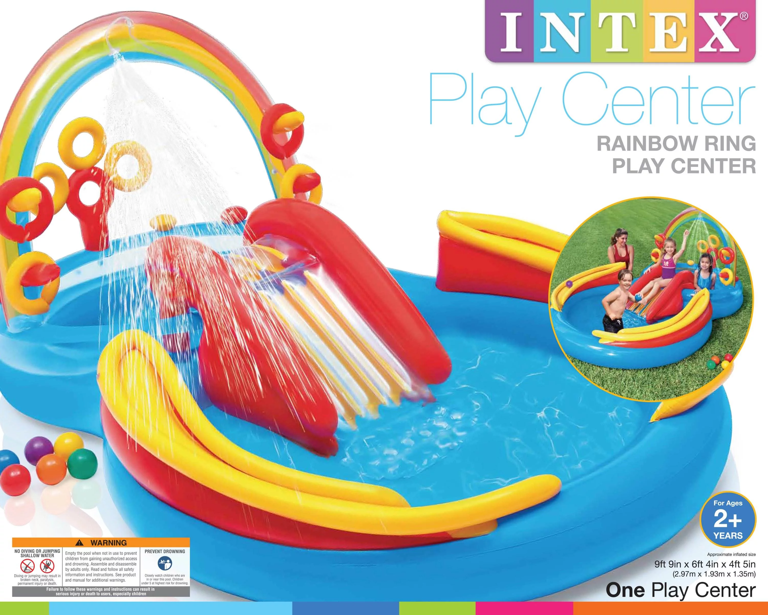 Intex 9.75ft x 6.3ft x 53in Rainbow Slide Kids Play Inflatable Pool Ring Center - Womvr