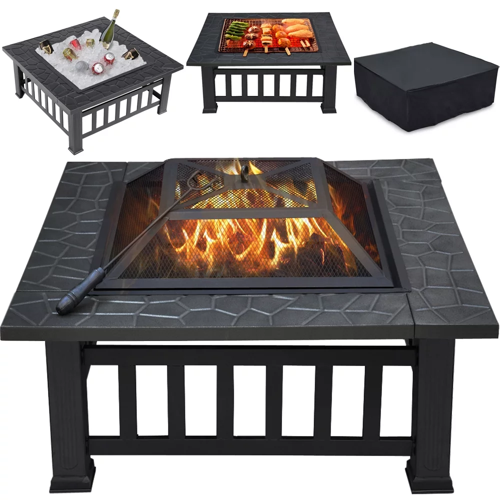 Yaheetech 32''Outdoor Metal Square Fire Pit With cover,Black - Womvr