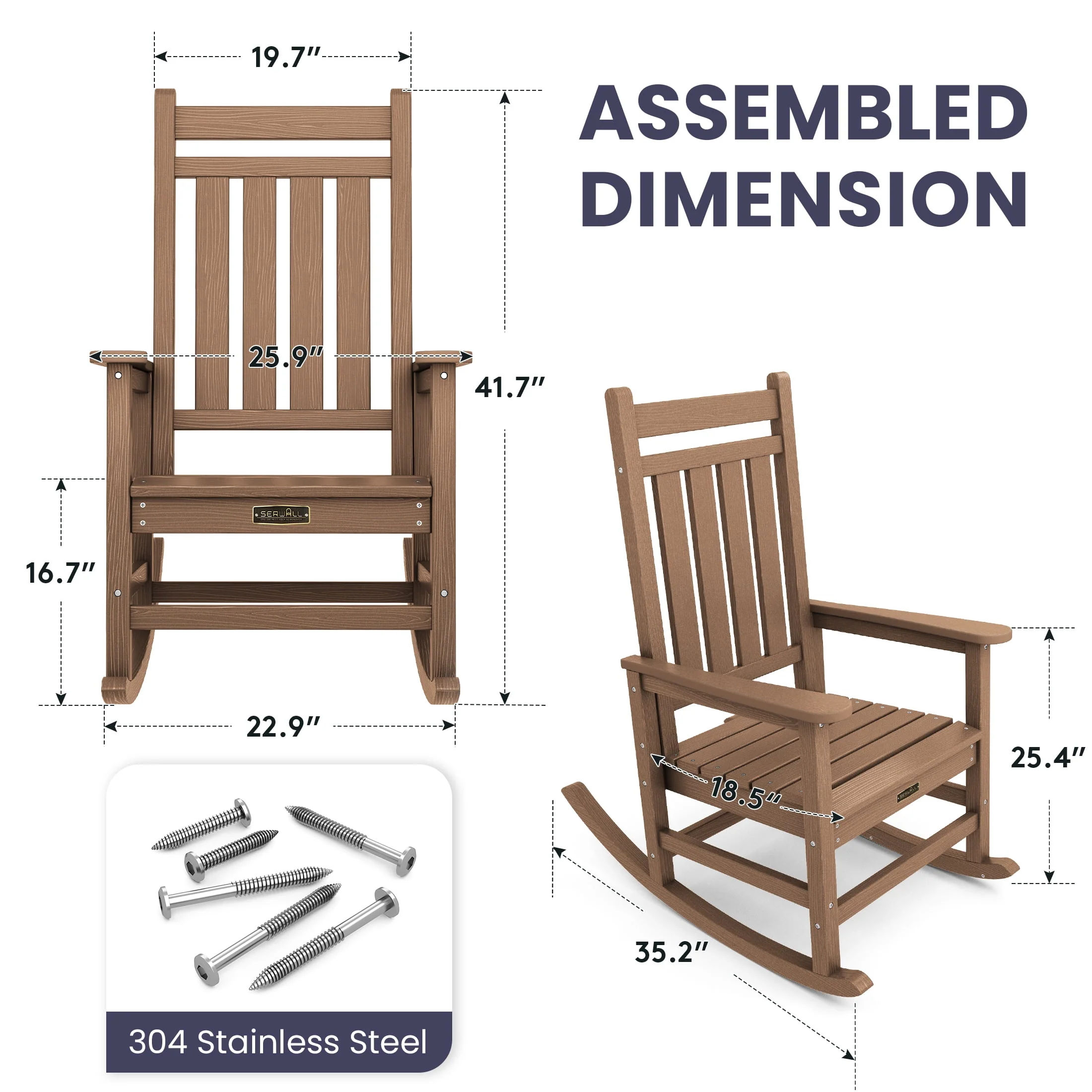 SERWALL Outdoor Oversized Slat Rocking Chair, HDPE Plastic Porch Rocker, Gray - Womvr