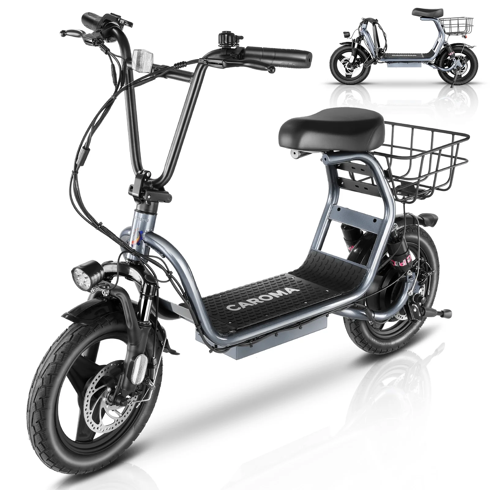 Caroma 500W Electric Scooter with Seat for Adult, 14 inch Commuter Electric Scooter with Dual Shock Absorbers and Basket - Up to 25 Miles 20 MPH, Silver - Womvr