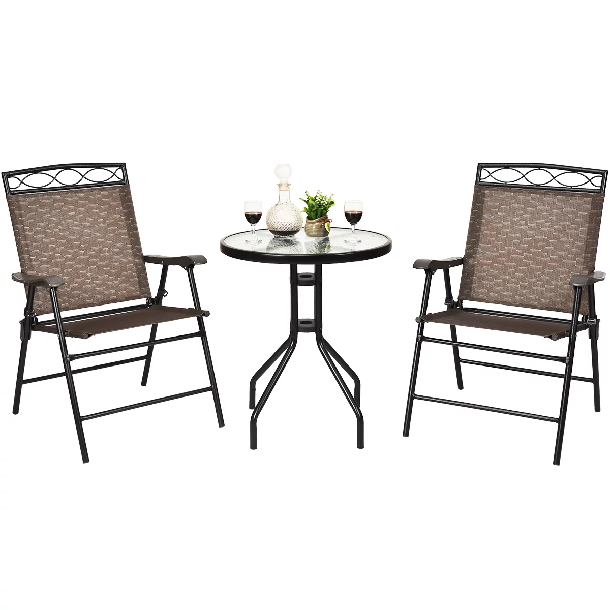 Gymax 3PCS Bistro Set Conversation Set Pub Patio Outdoor w/ Folding Chairs Table - Womvr
