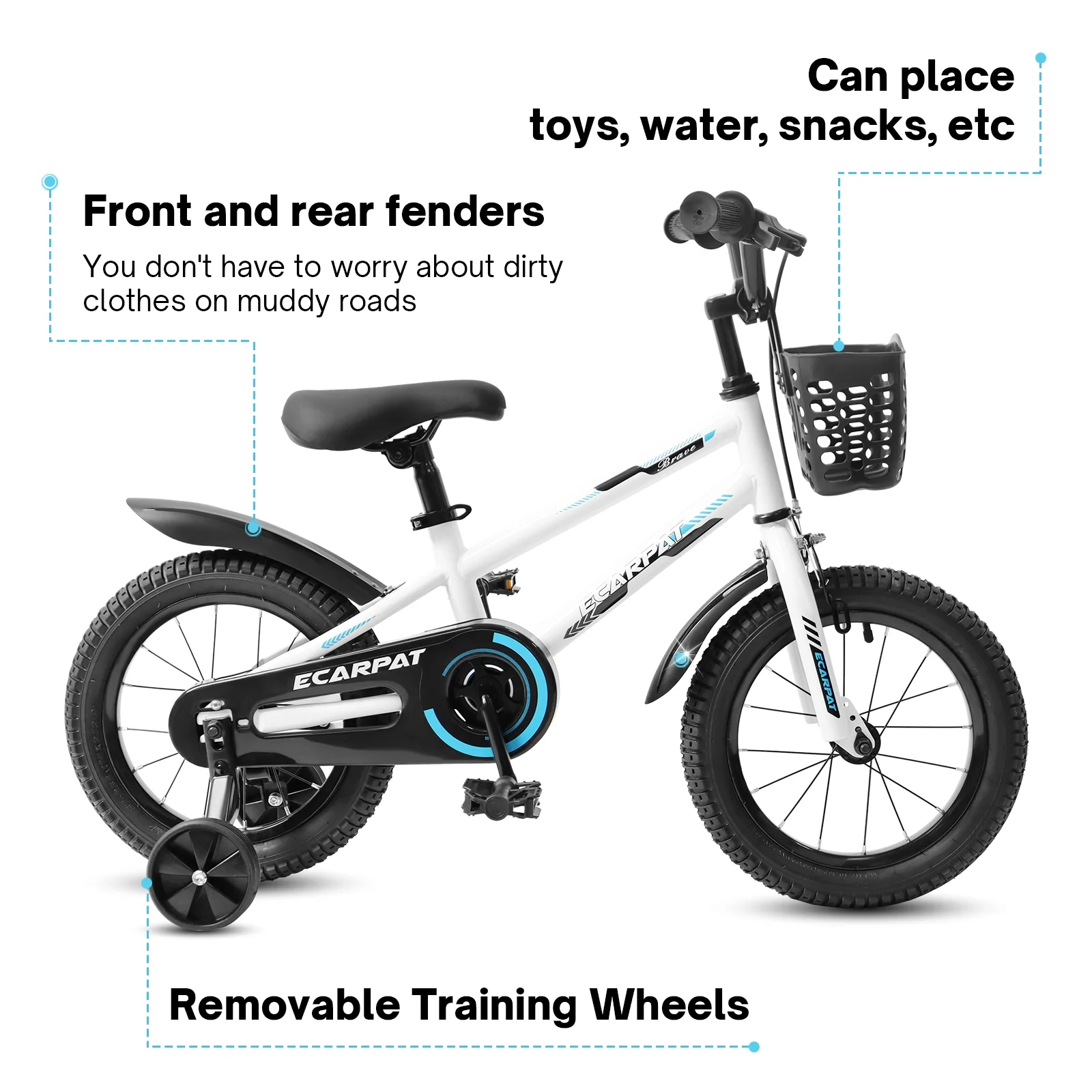 14 Inch Kids Bike for Boys, Kids Bike With Training Wheels and Basket, White - Womvr