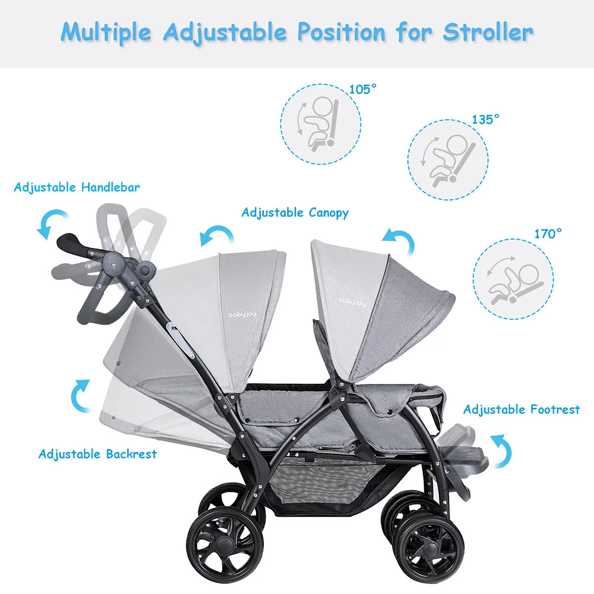 Babyjoy Double Stroller Foldable Baby Twin Lightweight Travel Stroller Infant Pushchair Black - Womvr