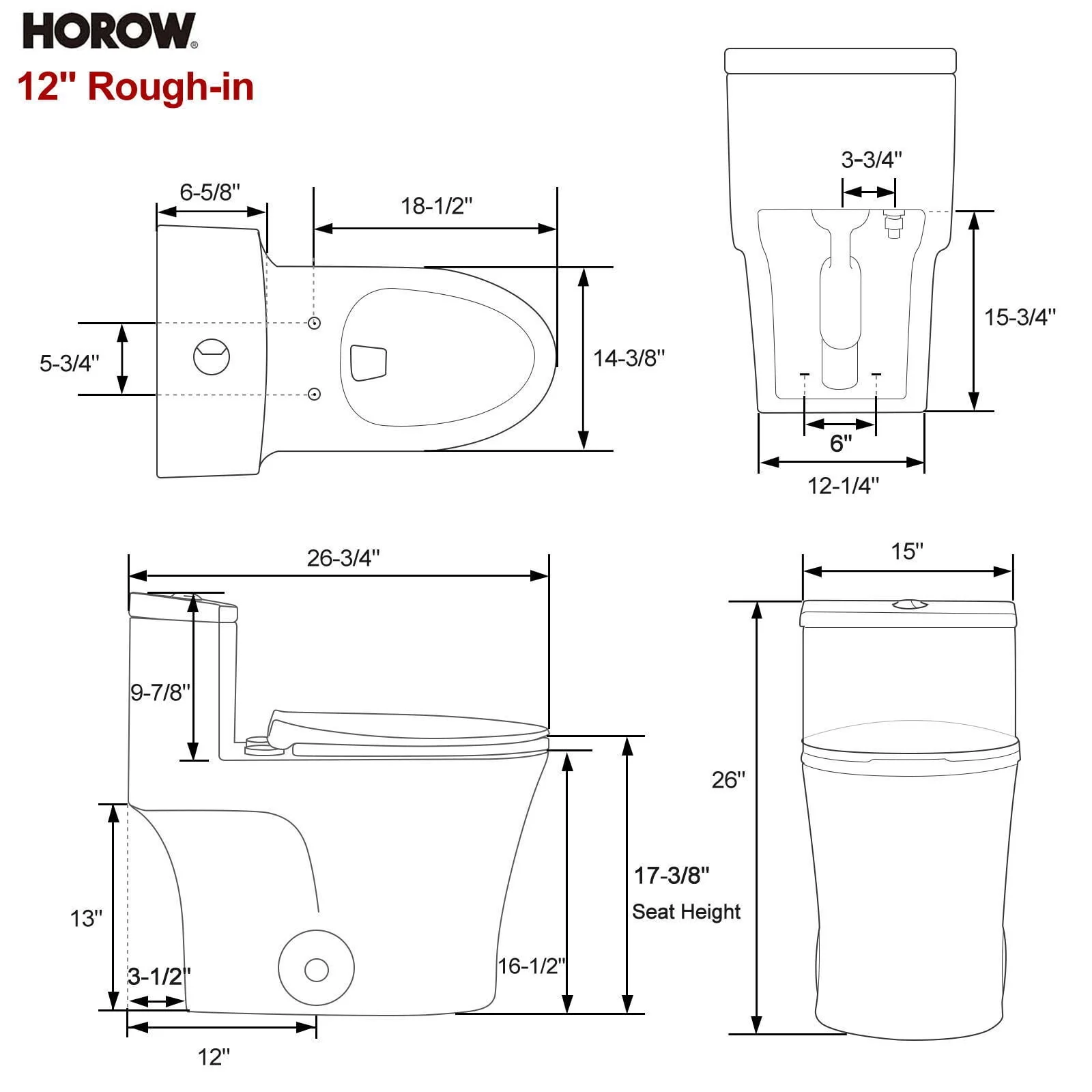 HOROW T0338W Elongated One Piece Toilet with Comfort Chair Seat ADA Height 17.3