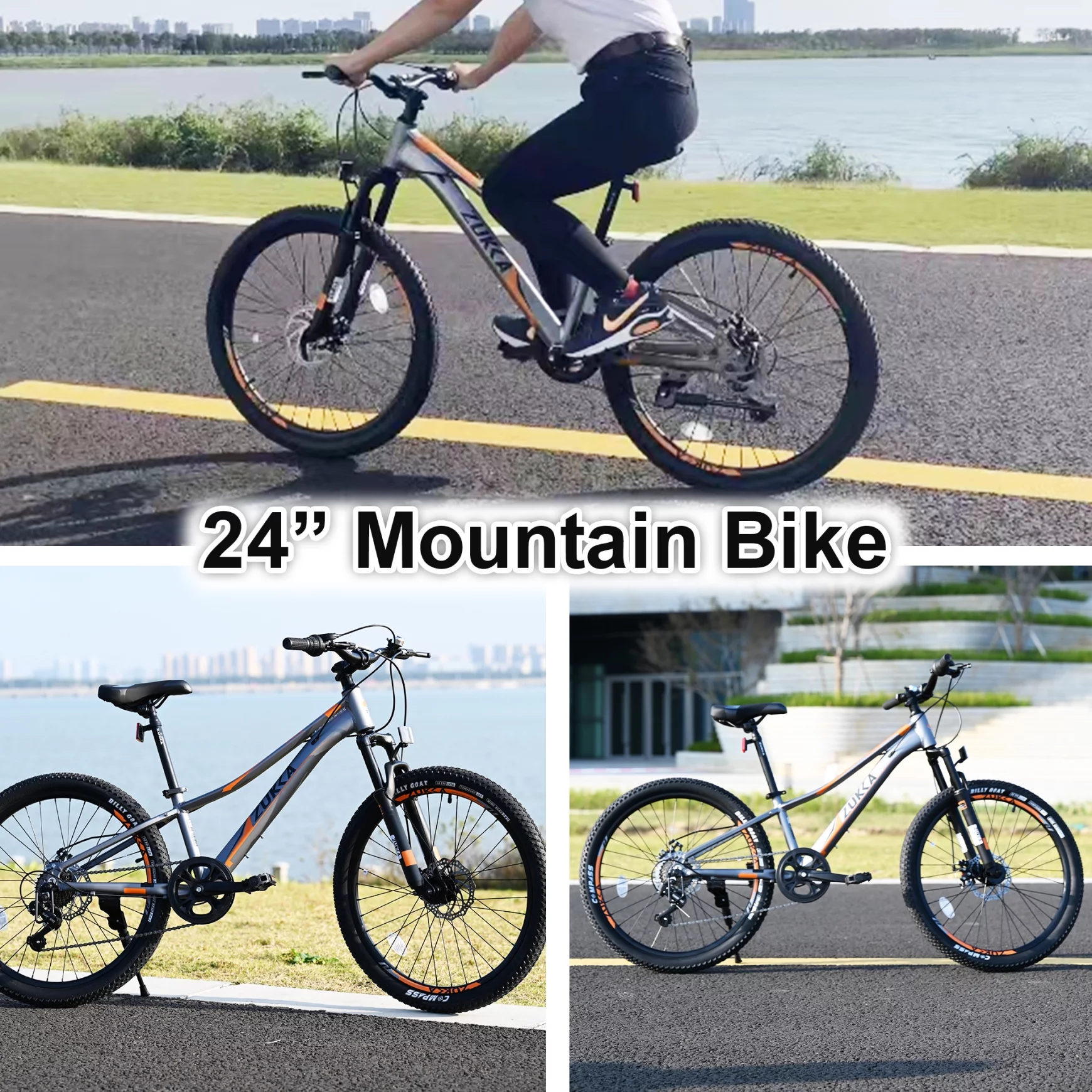 24 in Aluminum Mountain Bike for Boys and Girls, 7-Speed Mountain Bicycle with Double Disc Brake, Suspension Fork and High-quanity Anti-skid Tires, Blue - Womvr