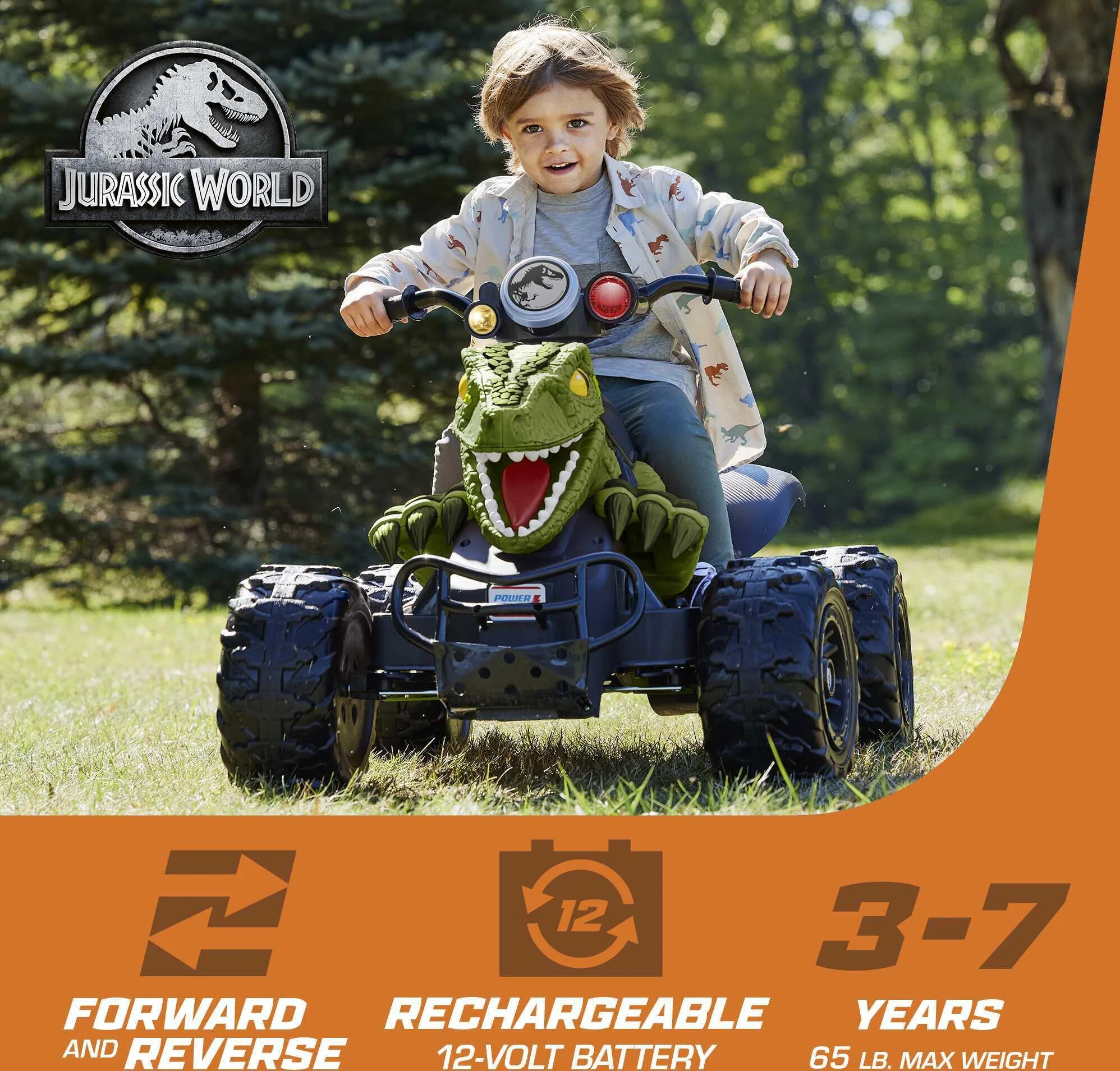 12V Power Wheels Jurassic World Dino Racer Battery-Powered Ride-On ATV Dinosaur Toy, Green - Womvr