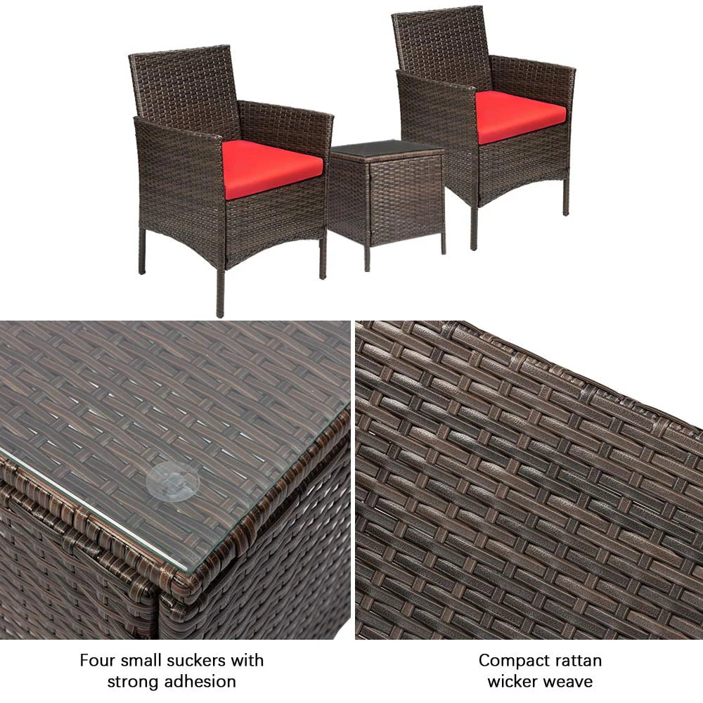 Lacoo 3 Pieces Outdoor Patio Furniture PE Rattan Wicker Table and Chairs Set Bar Set with Cushioned Tempered Glass, Brown/Beige, 2 - Womvr