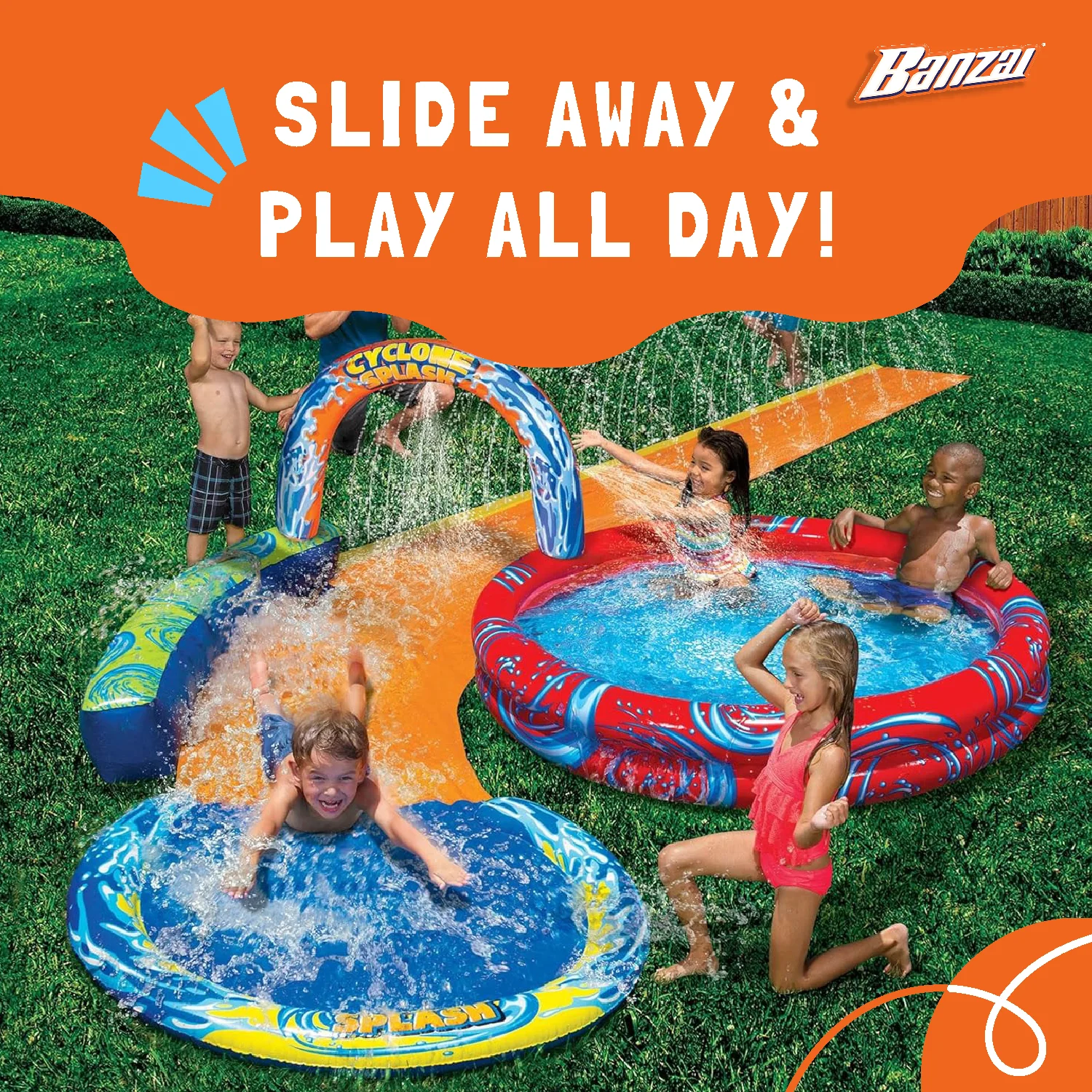 Banzai Cyclone Splash Park Inflatable w/ Sprinkling Slide & Water Aqua Pool - Womvr