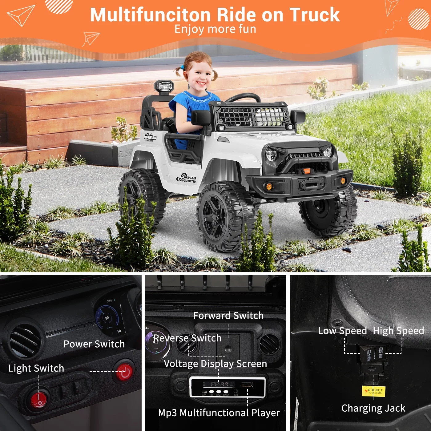 FUNTOK Kids 12V Electric Ride on Toy Car with Remote Control, Spring Suspension, DIY Stickers and Music Player - Womvr