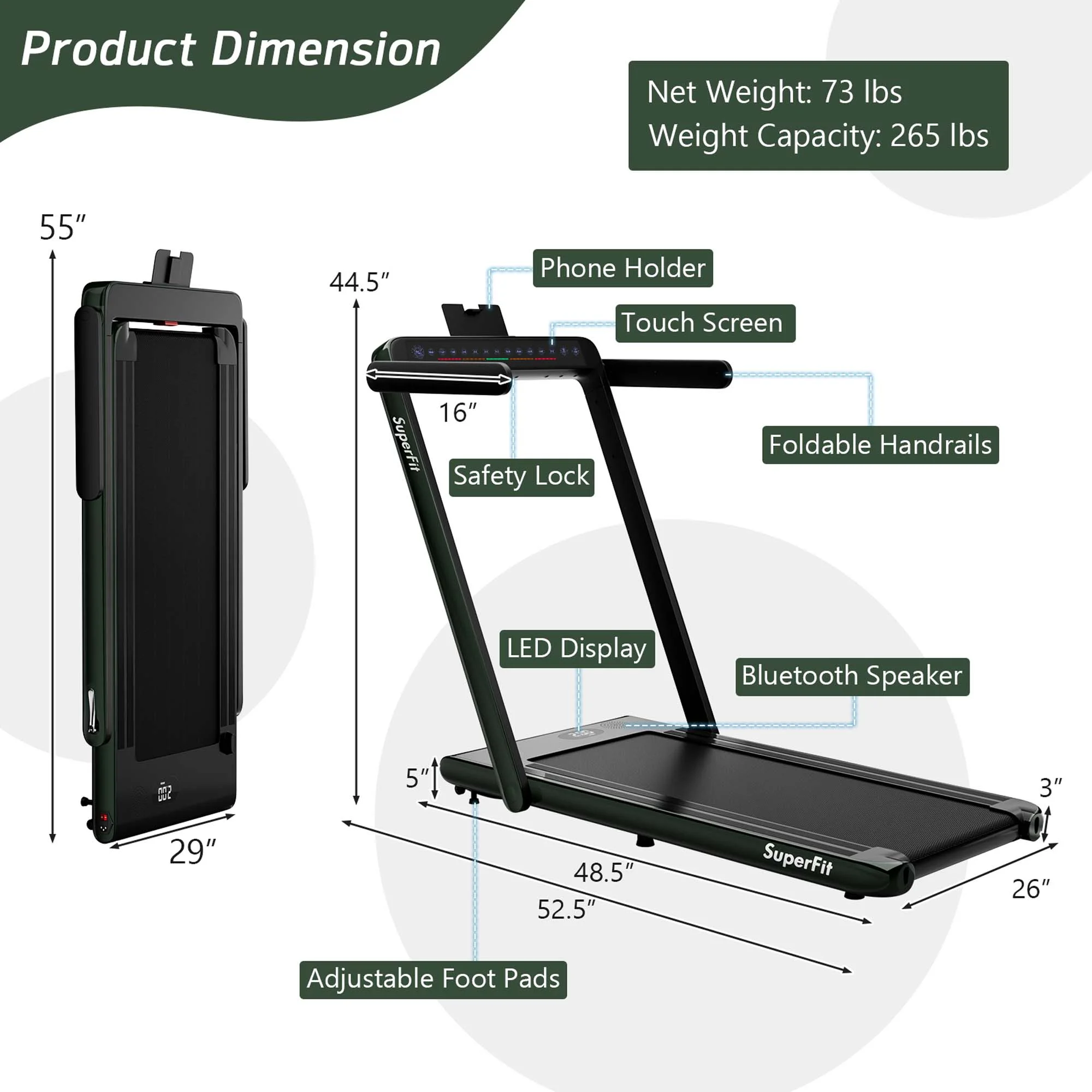 SuperFit Up To 7.5MPH 2.25HP 2 in 1 Dual Display Screen Folding Treadmill Jogging Machine W/APP Control Silver - Womvr