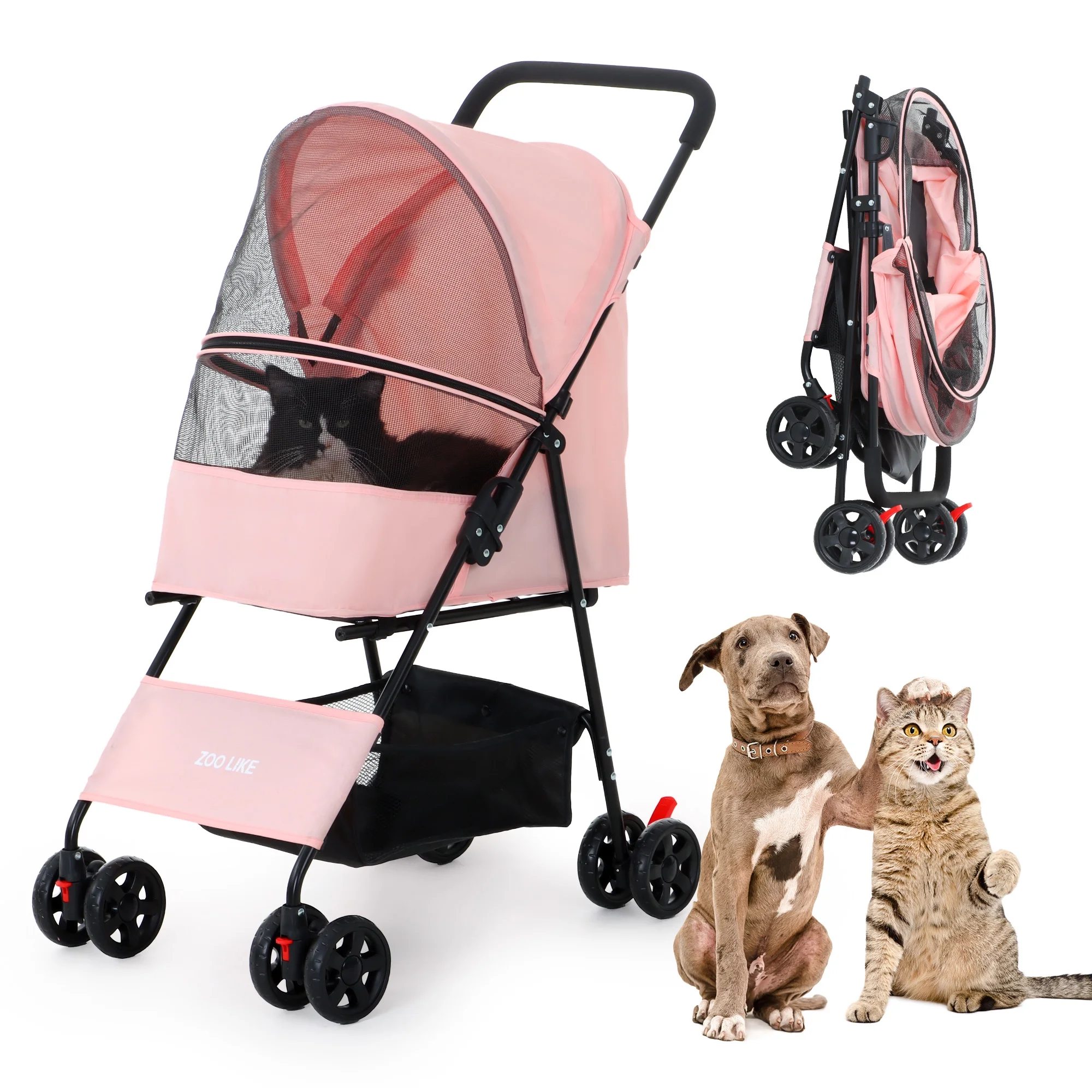 Zoolike Pet Stroller Cat Dog Cage Stroller Travel Folding Carrier .Foldable Carrier Strolling Cart for Small Medium Dog, Cat W/ Storage Basket ,Safety Tether ,Black - Womvr