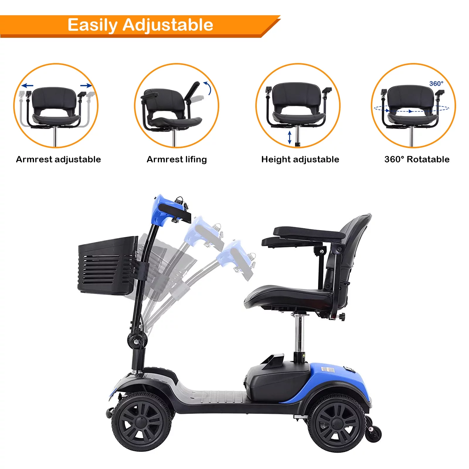 4 Wheels Folding Mobility Scooter for Seniors Adults with Baskets Blue - Womvr