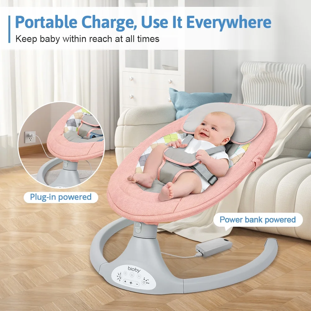 Electric Baby Swing, Bioby Infant Swing Chair Rocker with Remote Control, 5 Swing Speeds, Seat Belt, Bluetooth Music, Grey - Womvr