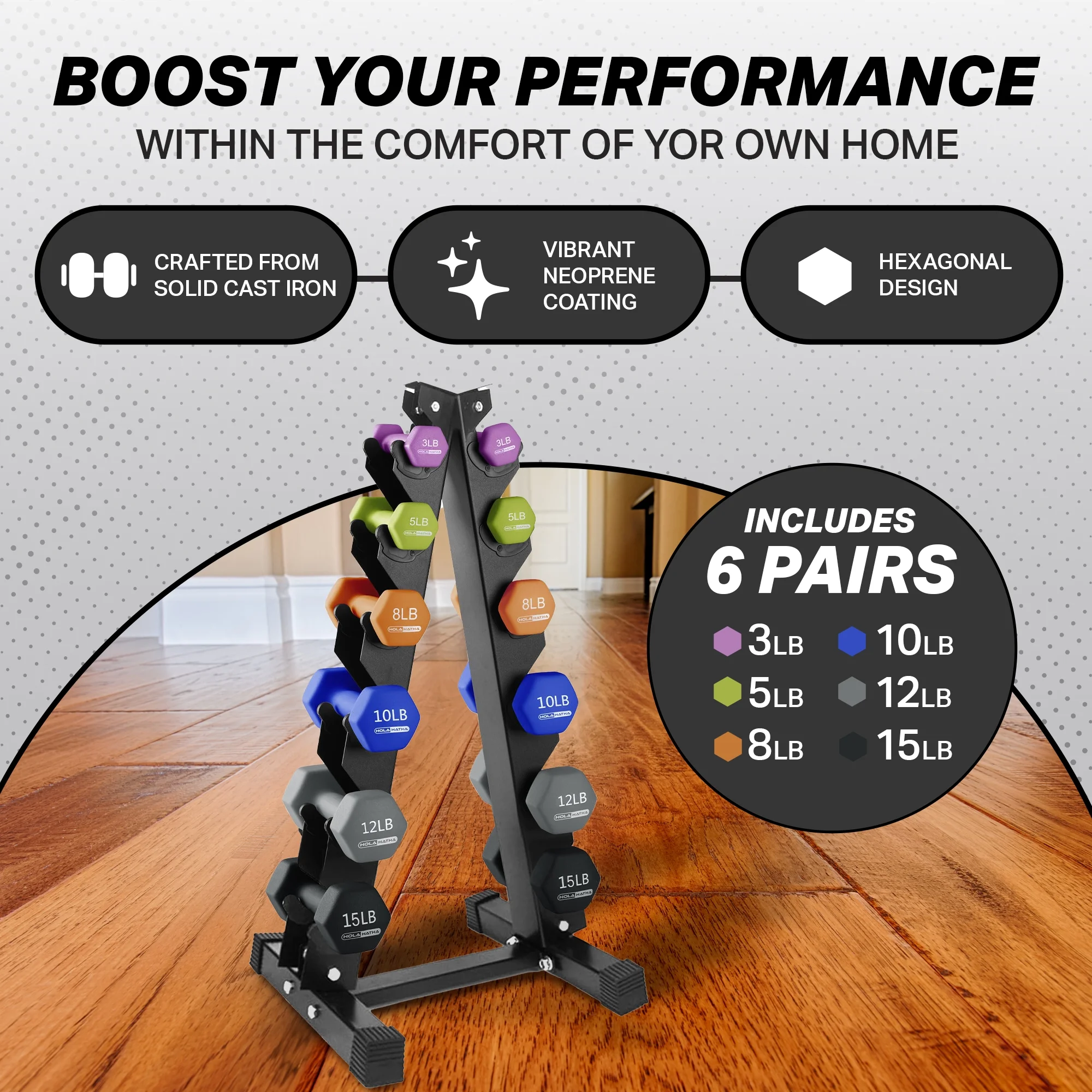 HolaHatha 3, 5, 8, 10, 12 & 15 Pound Neoprene Dumbbell Weight Set with Rack - Womvr