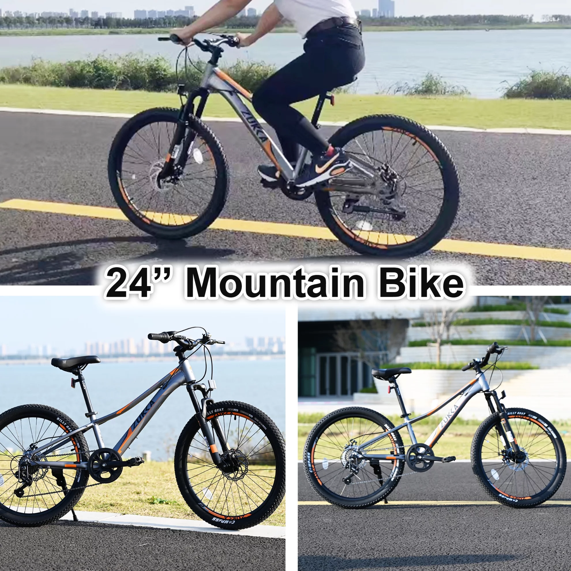24 in Aluminum Mountain Bike for Boys and Girls, 7-Speed Mountain Bicycle with Double Disc Brake, Suspension Fork and High-quanity Anti-skid Tires, Blue - Womvr