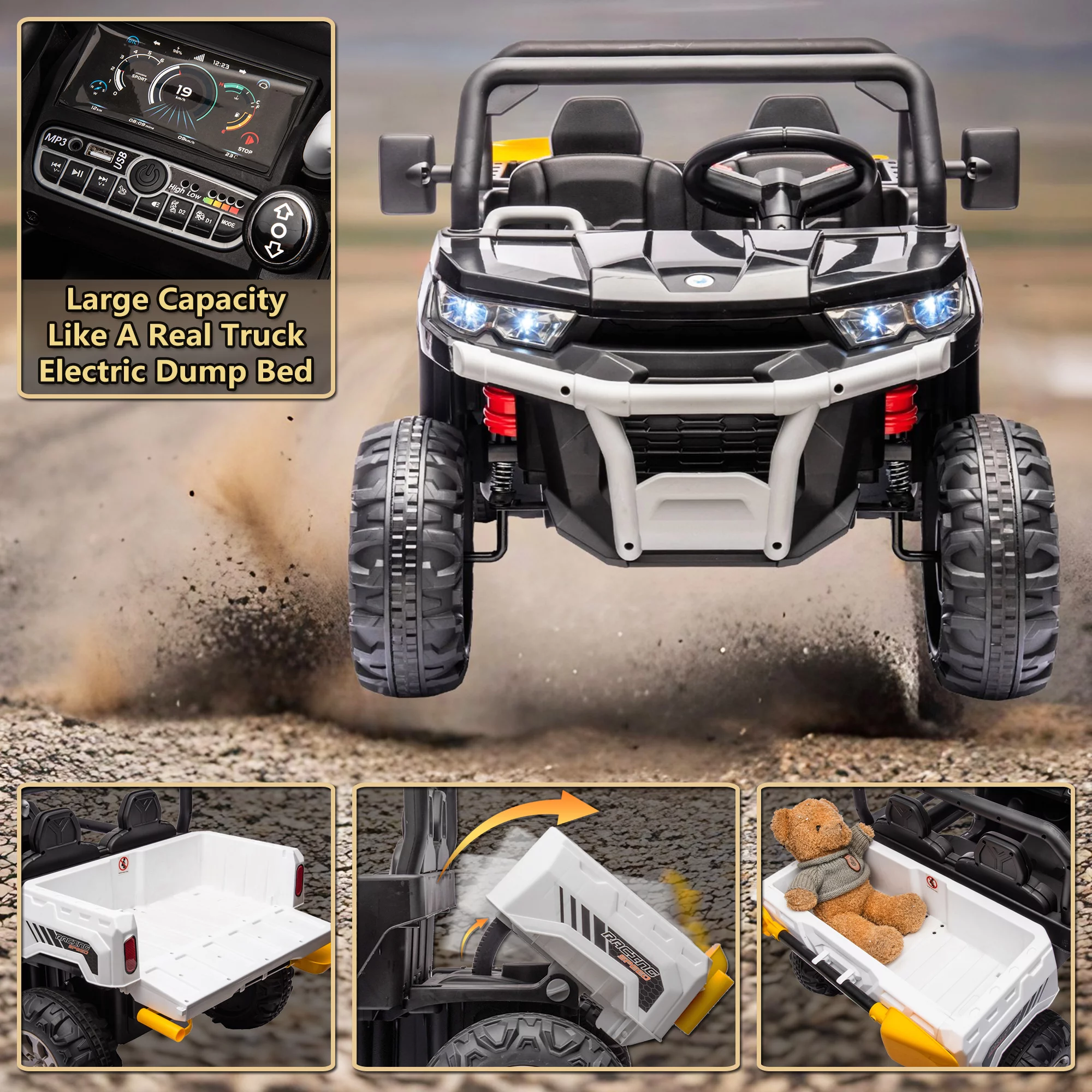 24V 2 Seater Ride on Toys, Ride On UTV with 2x200W Motor Ride On Dump Truck, Ride On Car with Dump Bed/Shovel, Electric Vehicle with Rubber Tires, LED Light, Music, Remote Control, Black - Womvr