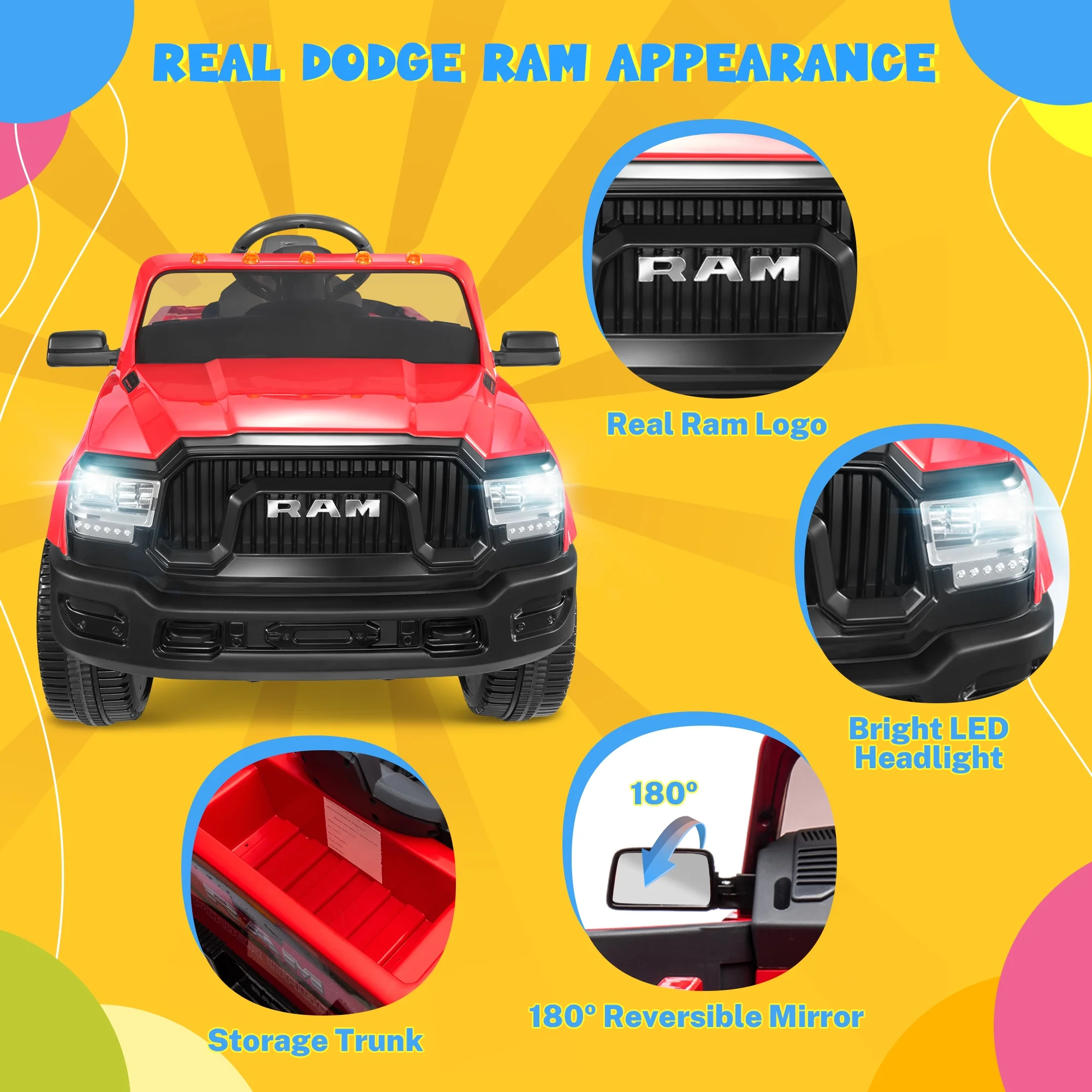 Dodge Ram Ride On Car for Kids, 12V Powered Ride On Truck Cars with Parents Remote Control,Dodge Electric Ride On Car for Boys Girls 3-5, Red - Womvr