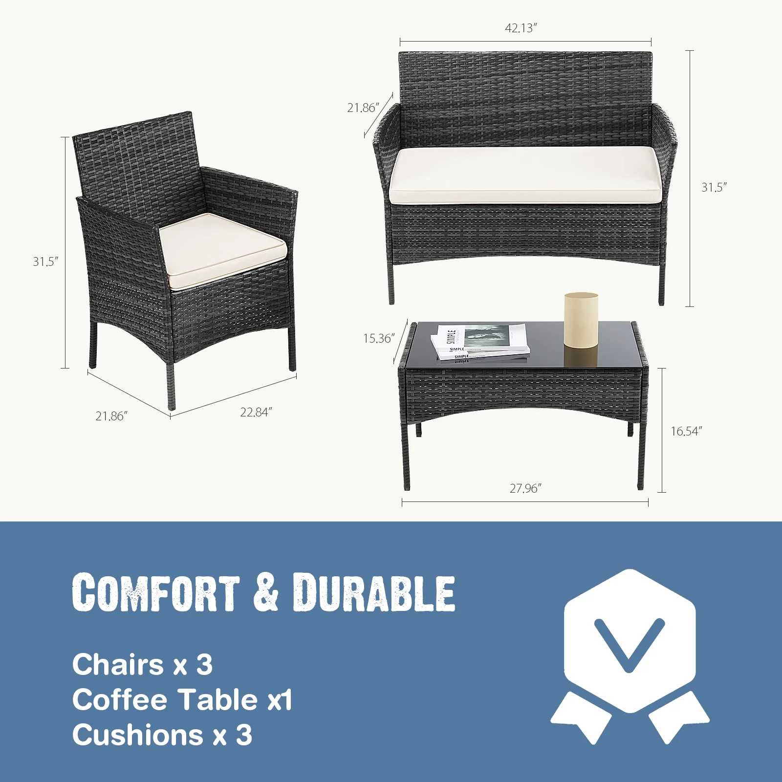 Yangming Outdoor Patio Furniture Set with Sectional Sofa, Table, Chairs and Thick Cushions - Perfect for Lawn, Garden, Backyard or Pool Area, Black - Womvr