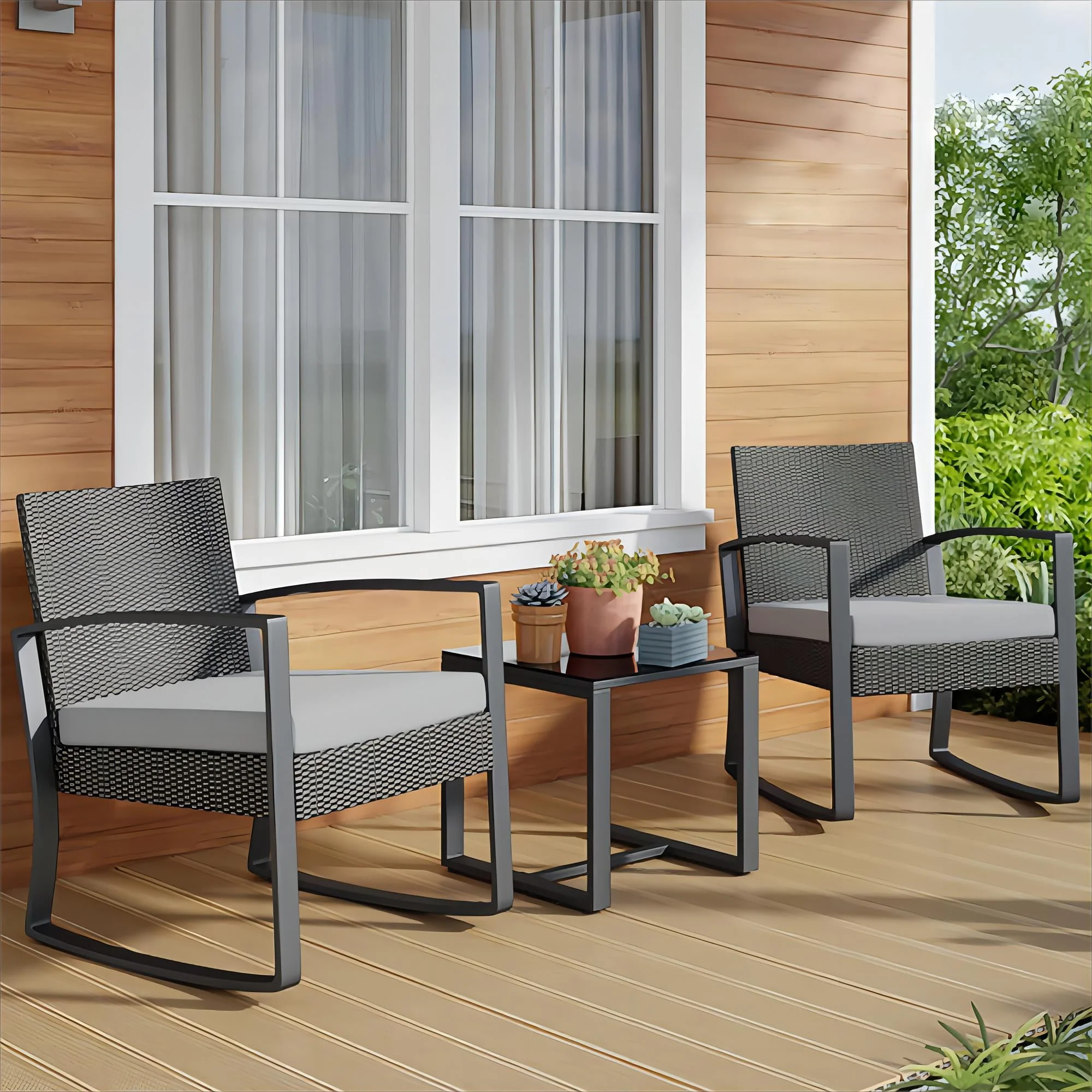 Lofka 3-Piece Patio Wicker Chairs Set with Glass Coffee Table, Outdoor Balcony Furniture Set with Blue Cushion - Womvr