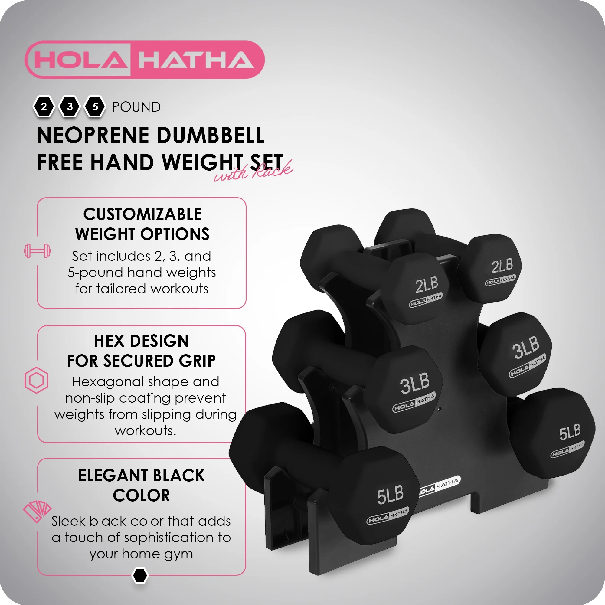 HolaHatha 2, 3, and 5 Pound Neoprene Dumbbell Free Weight Set with Rack - Womvr
