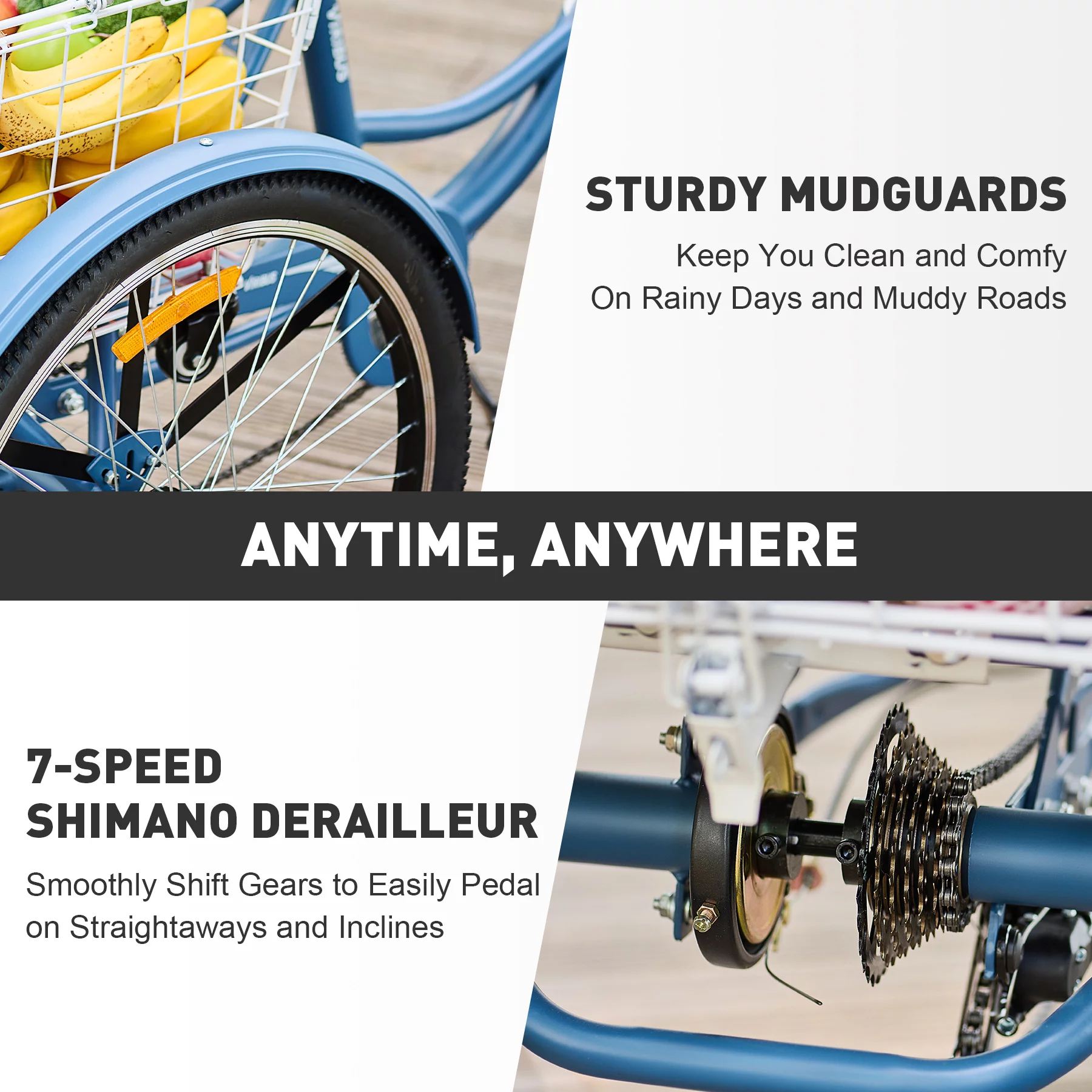 VIRIBUS 24 Inch Adult Trike 7 Speed Bike w Adjustable Seat 2 Baskets Matte Gray - Womvr