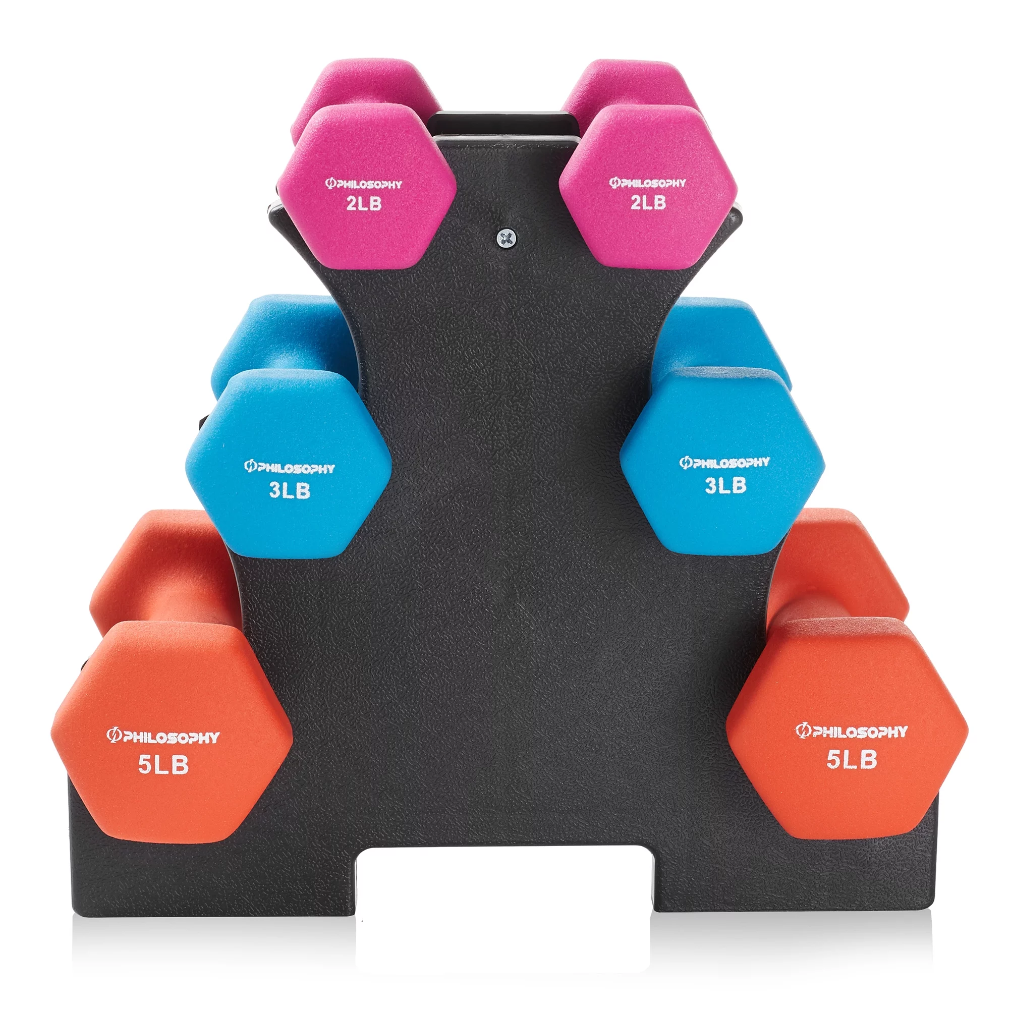 Philosophy Gym Neoprene Dumbbell Hand Weight with Stand, 20 Lbs. (2 Lb., 3 Lb., 5 Lb. Pairs) - Womvr