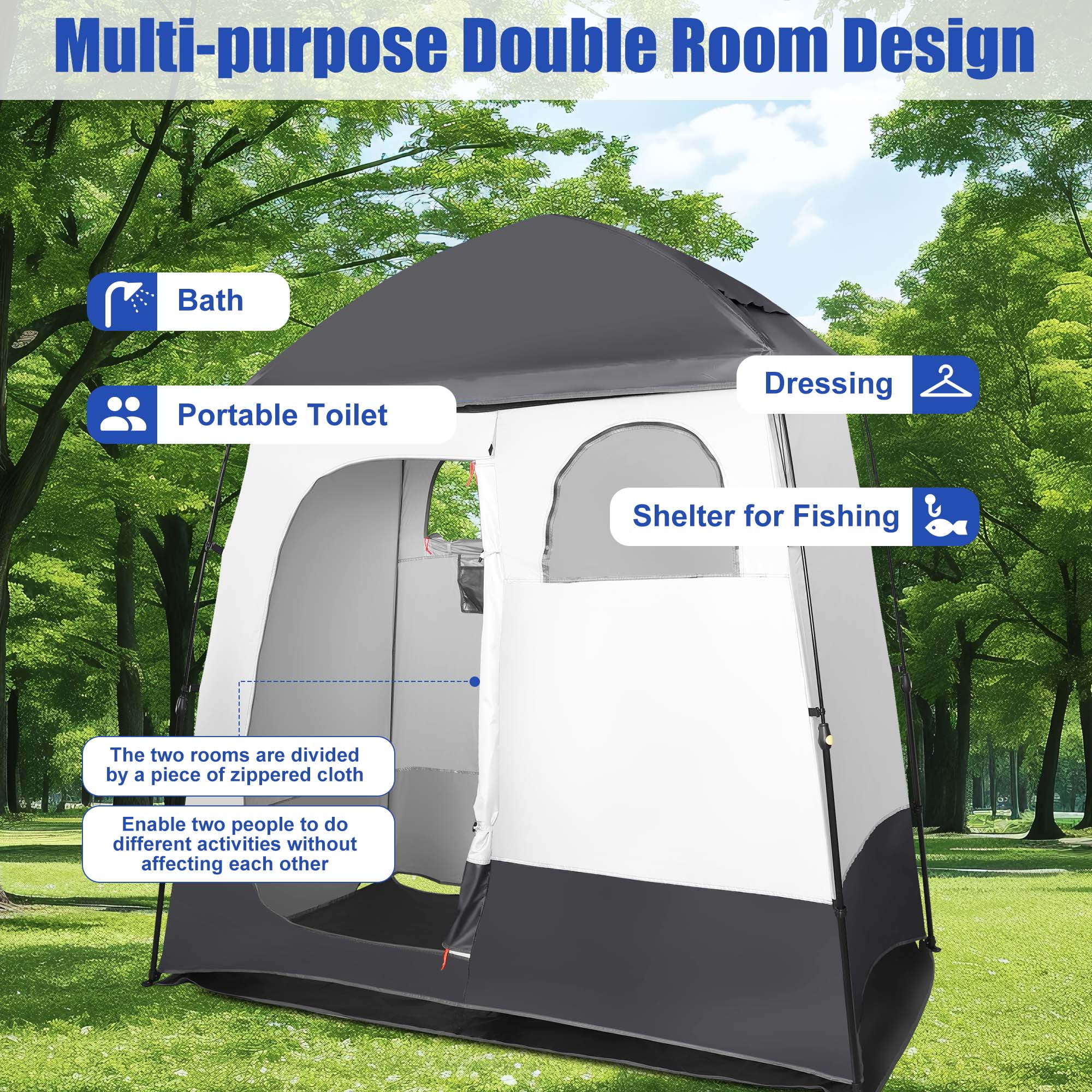 GVDV Camping Shower Tent Oversize Space Privacy Tent Portable Outdoor Shower Tents for Camping with Floor Changing Tent Dressing Room Easy Set Up Shower Privacy Shelter 2 Rooms Toilet Tent - Womvr