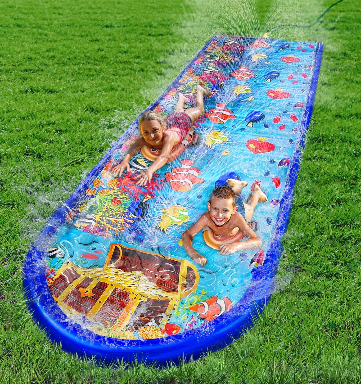 Stargo Undersea Water Dual Slip And Slide - 18 Feet X 5 Feet Slip N Slide With Splash Pad And Sprinkler, Water Slide With Inflatable Body Boards - Kids Water Fun - Womvr