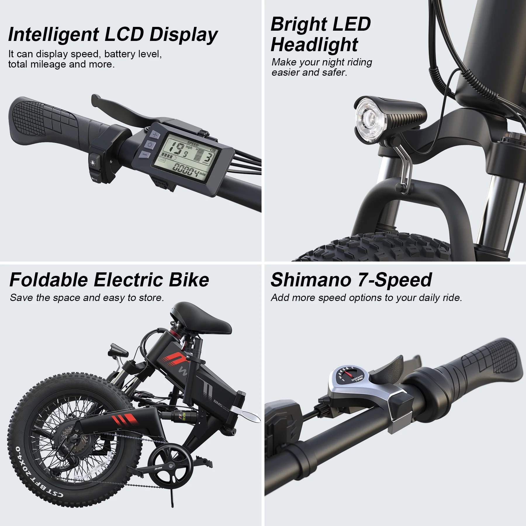 Wooken Electric Bike, 20''X4.0 Fat Tire Electric Bike for Adults, 500W 20MPH Foldable Electric Bicycle with 48V 10Ah Built-in Battery, Shimano 7 Speed Wheels Electric Bike, Dual Shock Absorber - Womvr