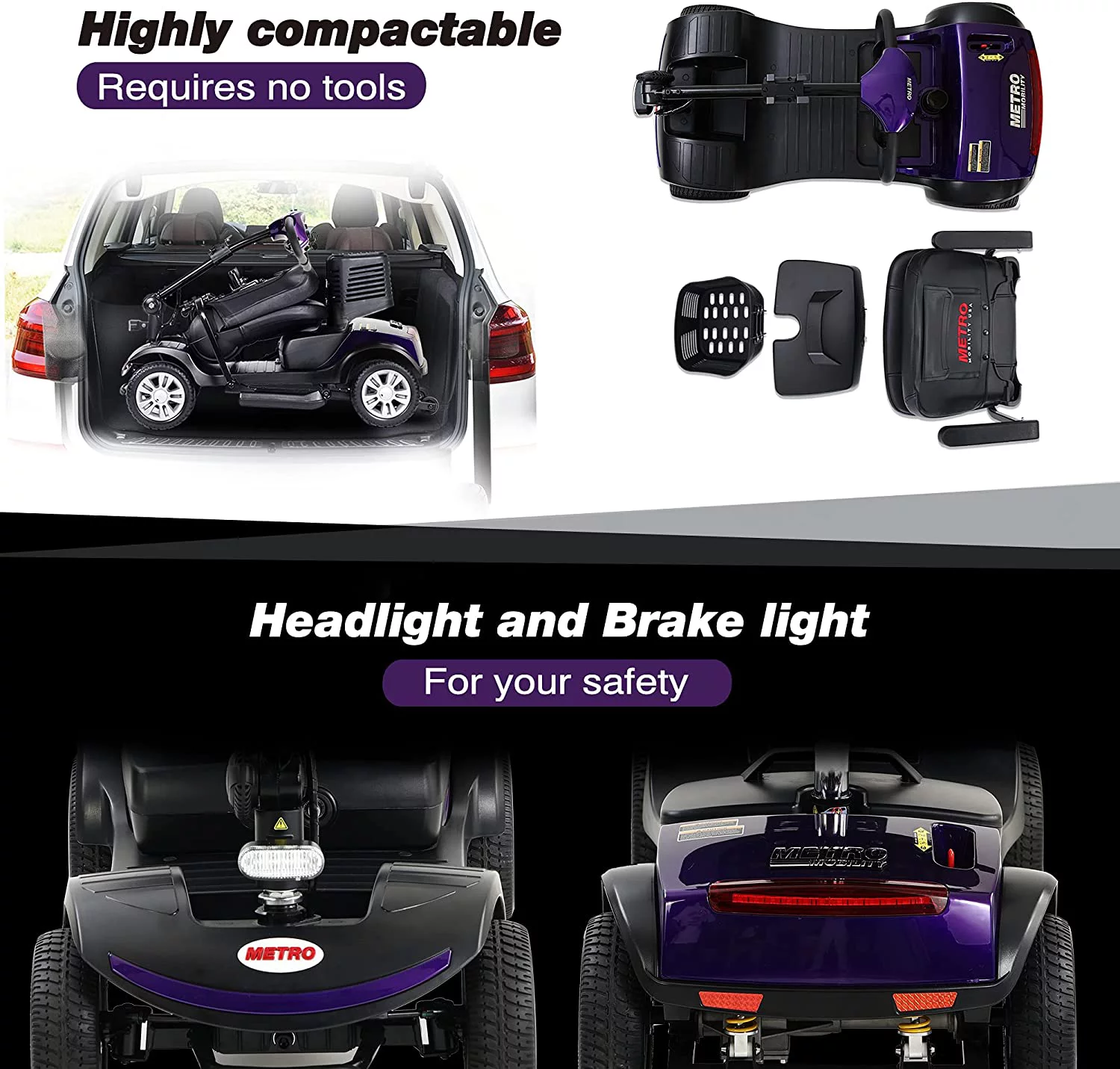 Metro Mobility Elderly Scooter Folding Scooter 4 Wheel Scooter Purple. - Womvr