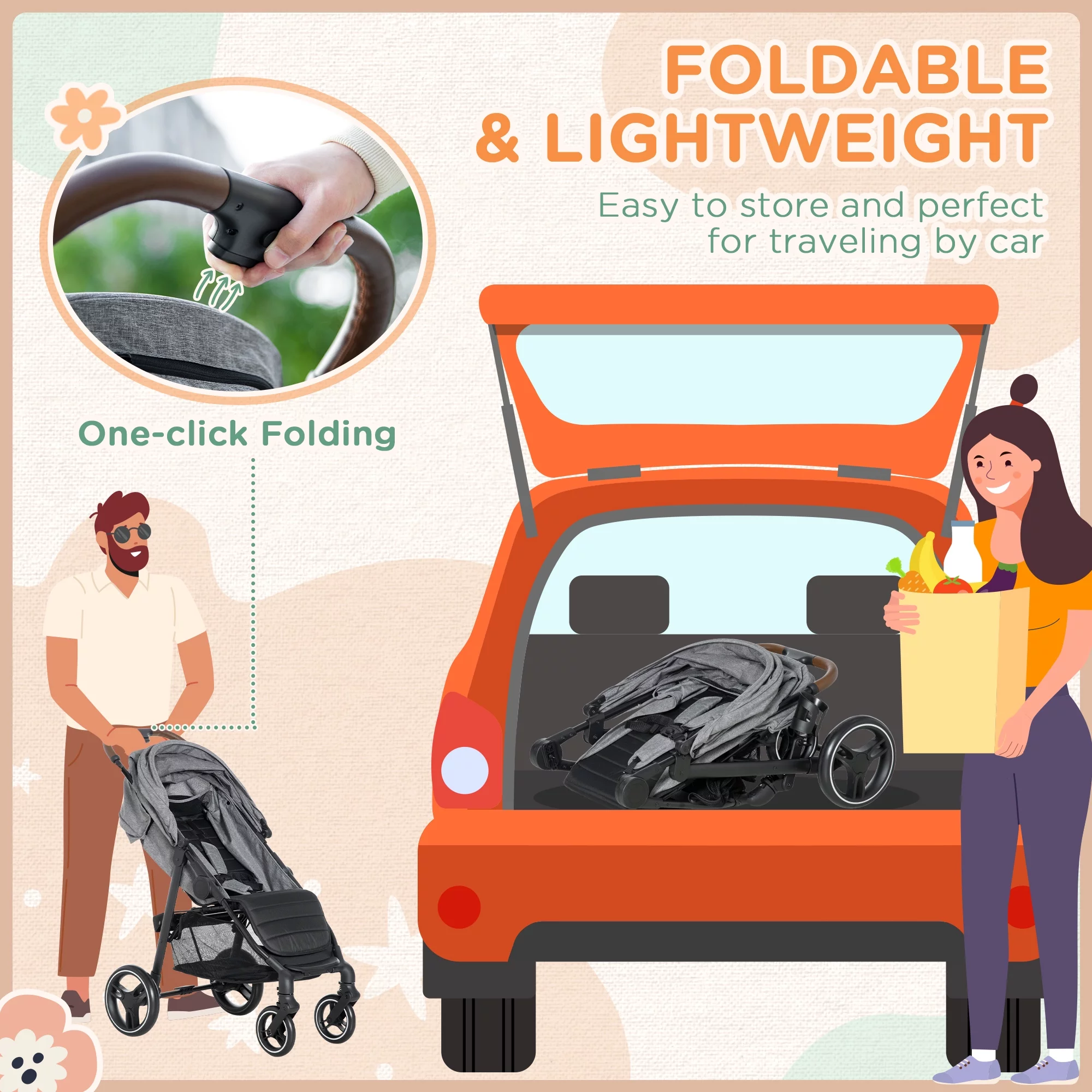 Qaba 1-Click-Foldable Toddler & Baby Stroller, Lightweight Stroller, Black - Womvr