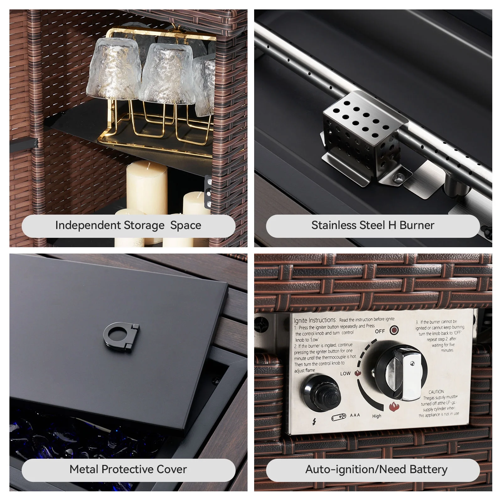 Aoxun 40'' Fire Pit Table 50,000 BTU Propane Gas Fire Pit Table W/ Cover, Glass Beads, Tank Holder, Gray Wicker - Womvr