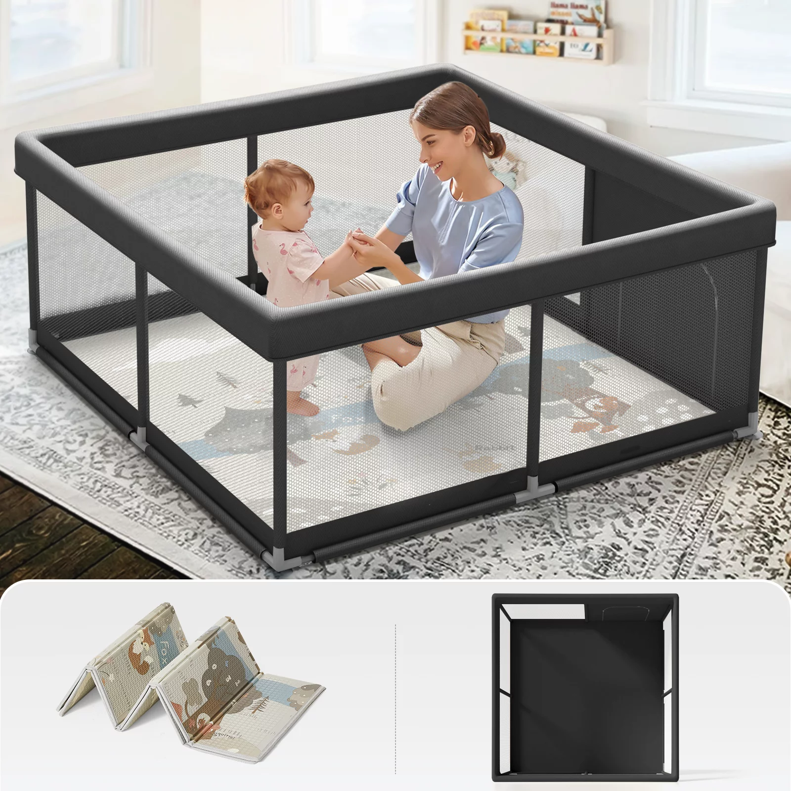 Pkinoicy 47x47inch Play Pen with Mat for Babies and Toddlers, Playpen with Mat, Baby Playpen with Mat, mall Baby Playpen with Mat - Womvr