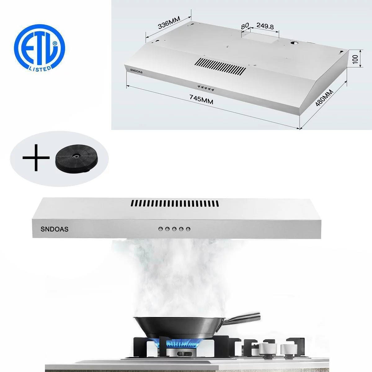 Range Hood 30-inch Under Cabinet Vent Hood 230 CFM Kitchen Hood Stainless Steel 3-Speed - Womvr