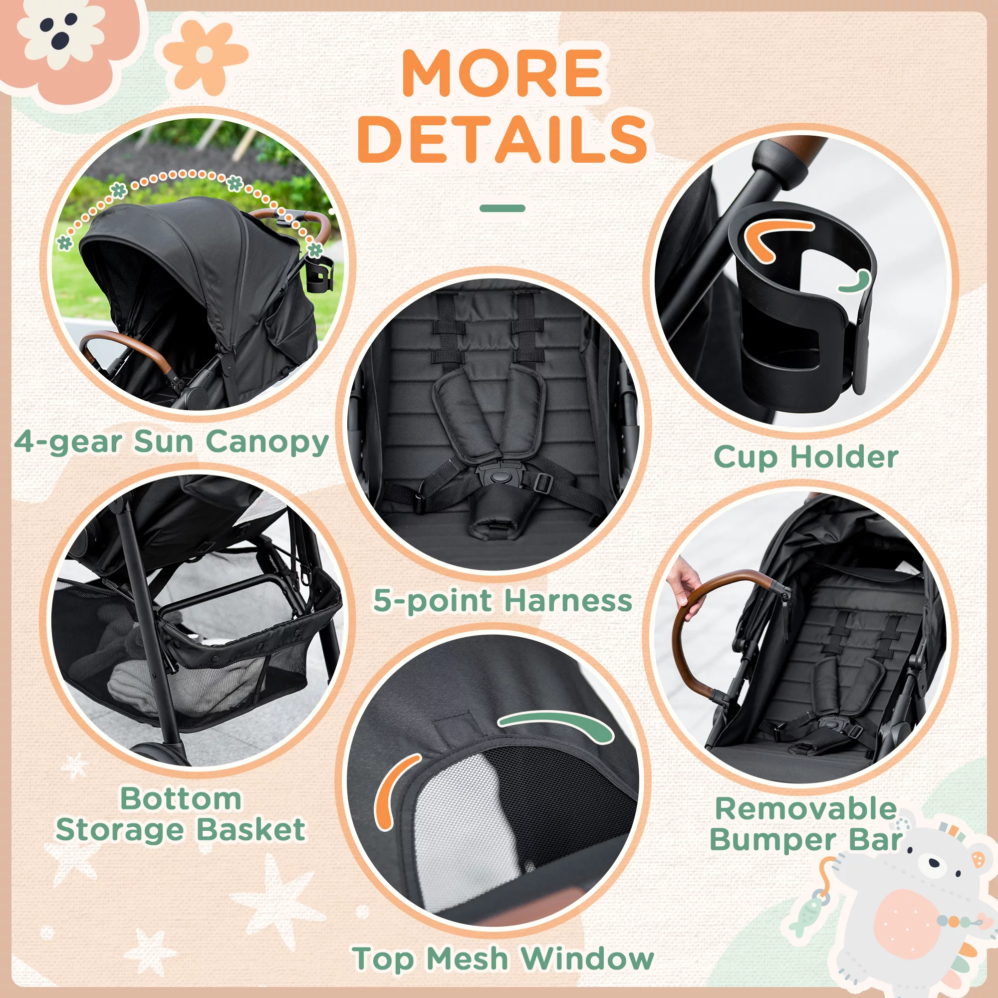 Qaba 1-Click-Foldable Toddler & Baby Stroller, Lightweight Stroller, Black - Womvr