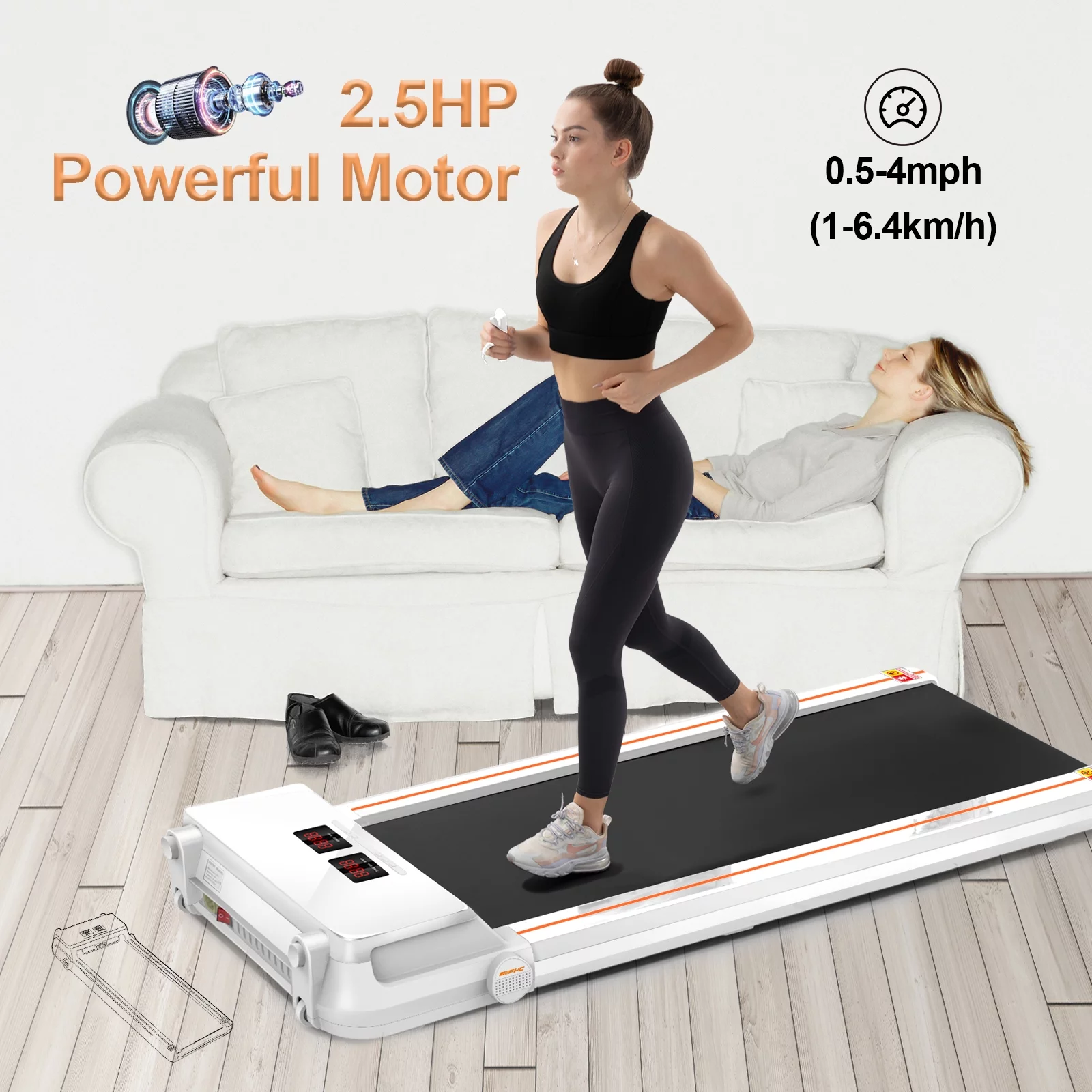 FYC Under Desk Treadmill for Home Office, Slim Walking Smart Treadmill with APP/Bluetooth/Remote Control - Electric Treadmill with LED Display, Running Walking Jogging - White - Womvr