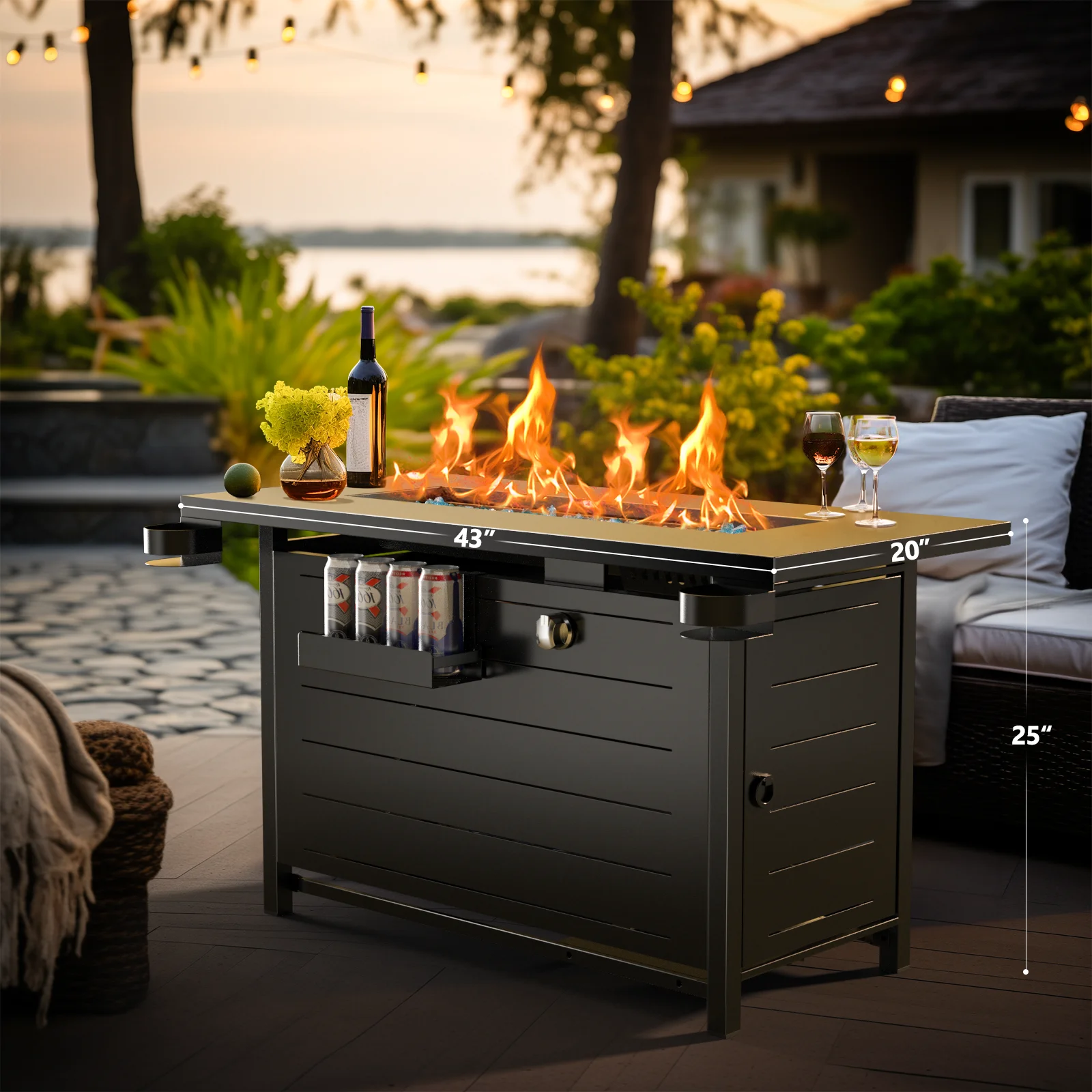 28 Inch Propane Fire Pits with Lid and Lava Rock, 50000 BTU Steel Gas Fire Pit Table for Outdoor - Womvr