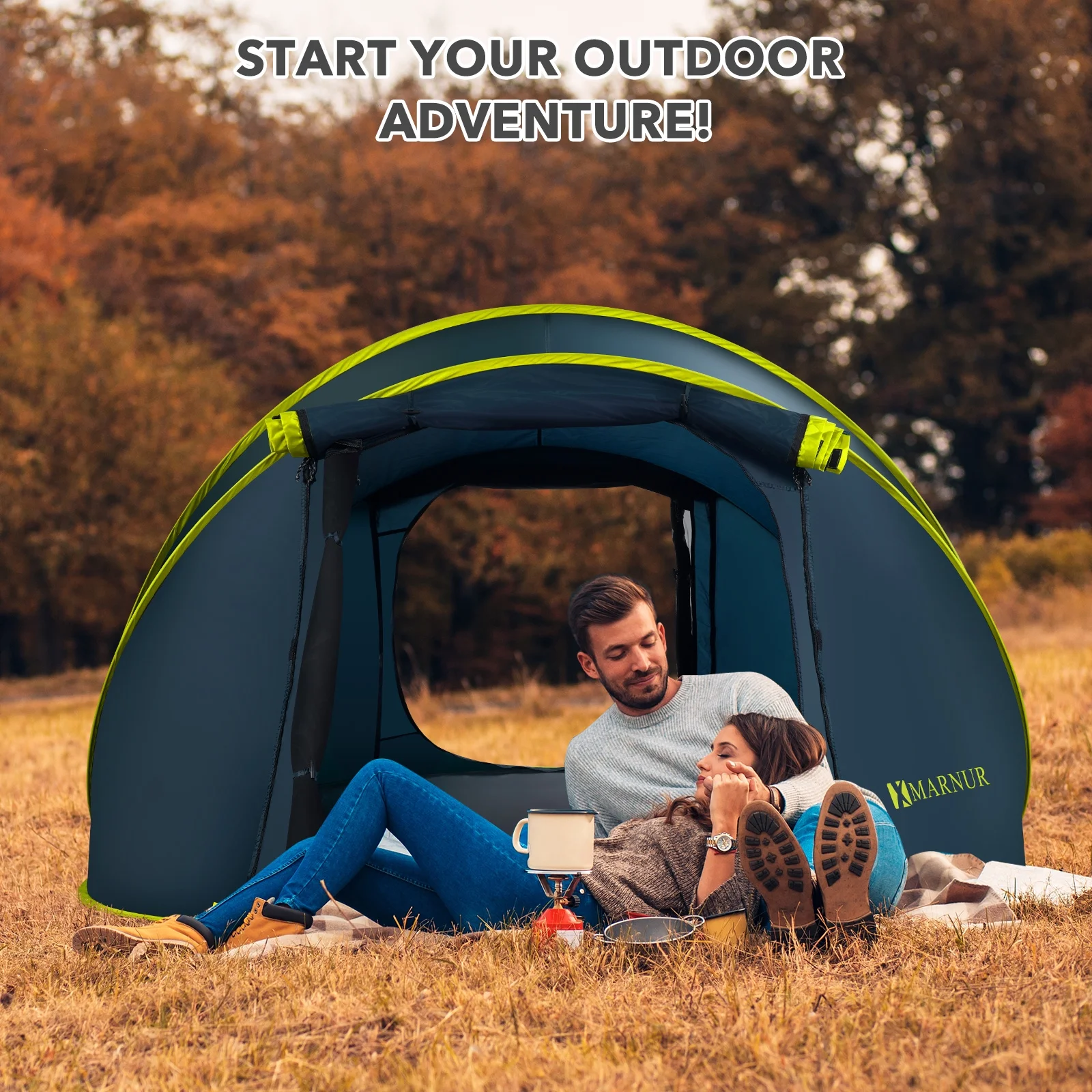 MARNUR Instant Tent 4-Person Camp Tent, Auto Setup Pop Up Tent, Waterproof, Huge Door & Windows, Dark Blue - Womvr