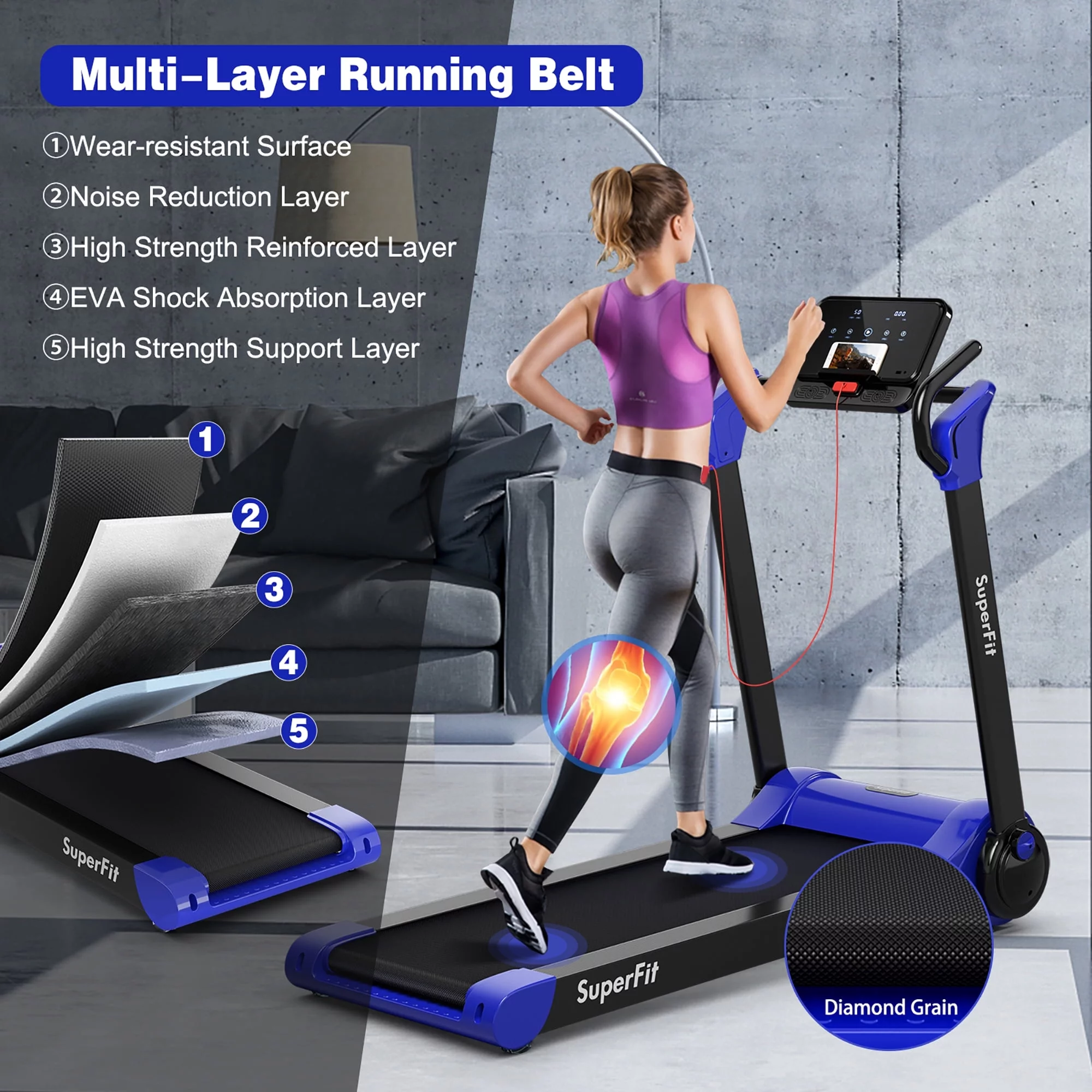 Superfit Folding 2.25HP Electric Treadmill Running Machine APP Control Bluetooth Black - Womvr
